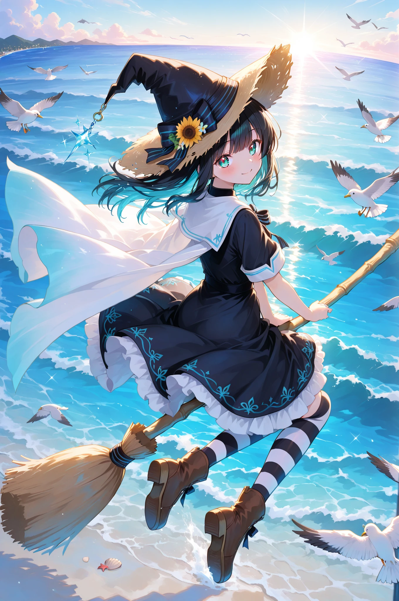 anime style, digital illustration  
a classic witch girl flying solo on a broomstick over the summer ocean  
long black hair flowing in the sea breeze, wearing a fluttering short-sleeved black dress with white trim, straw witch hat decorated with seashells and sunflowers, striped thigh-high socks, brown boots, fluttering light cape, CLOTHING emphasized  
midair above a sparkling turquoise sea, white sandy beach below, crashing waves, floating seagulls, sunlight reflecting off the ocean surface, trail of sparkling magic behind the broom  
bright summer sunlight from above, reflected light bouncing from the sea, wind lifting her skirt and hair, refreshing sky blue palette  
hud_br00m, 1girl, solo, broom, broom riding, witch hat, long black hair, midair, masterpiece, best quality, 8k resolution, high detail, seasonal atmosphere, vibrant colors, smooth gradients, soft lighting