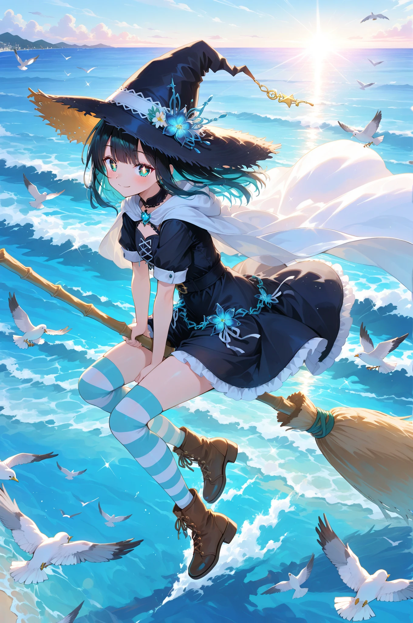 anime style, digital illustration  
a classic witch girl flying solo on a broomstick over the summer ocean  
long black hair flowing in the sea breeze, wearing a fluttering short-sleeved black dress with white trim, straw witch hat decorated with seashells and sunflowers, striped thigh-high socks, brown boots, fluttering light cape, CLOTHING emphasized  
midair above a sparkling turquoise sea, white sandy beach below, crashing waves, floating seagulls, sunlight reflecting off the ocean surface, trail of sparkling magic behind the broom  
bright summer sunlight from above, reflected light bouncing from the sea, wind lifting her skirt and hair, refreshing sky blue palette  
hud_br00m, 1girl, solo, broom, broom riding, witch hat, long black hair, midair, masterpiece, best quality, 8k resolution, high detail, seasonal atmosphere, vibrant colors, smooth gradients, soft lighting