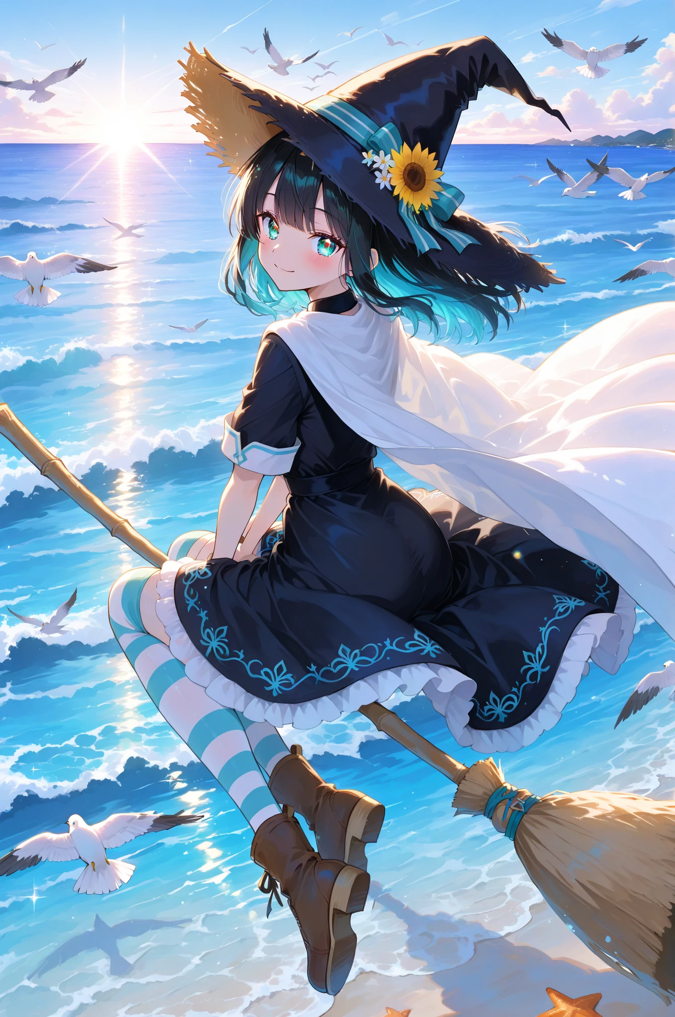 anime style, digital illustration  
a classic witch girl flying solo on a broomstick over the summer ocean  
long black hair flowing in the sea breeze, wearing a fluttering short-sleeved black dress with white trim, straw witch hat decorated with seashells and sunflowers, striped thigh-high socks, brown boots, fluttering light cape, CLOTHING emphasized  
midair above a sparkling turquoise sea, white sandy beach below, crashing waves, floating seagulls, sunlight reflecting off the ocean surface, trail of sparkling magic behind the broom  
bright summer sunlight from above, reflected light bouncing from the sea, wind lifting her skirt and hair, refreshing sky blue palette  
hud_br00m, 1girl, solo, broom, broom riding, witch hat, long black hair, midair, masterpiece, best quality, 8k resolution, high detail, seasonal atmosphere, vibrant colors, smooth gradients, soft lighting