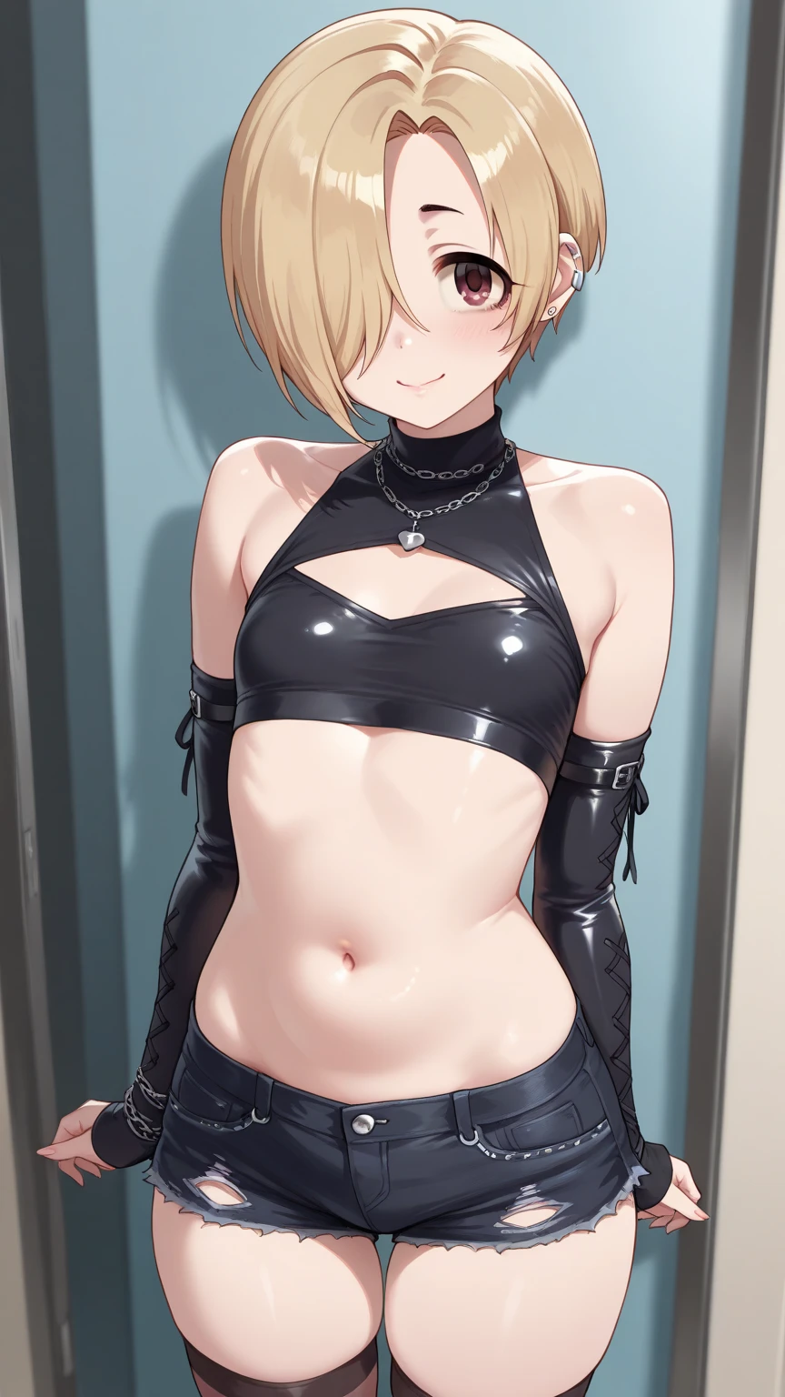 Blonde hair, short mash hair, turquoise eyes,A girl with impressive blonde hair、hair ornaments、short bob、hot pants、smile、dynamic pose, Pink bondage suit, mocking smile