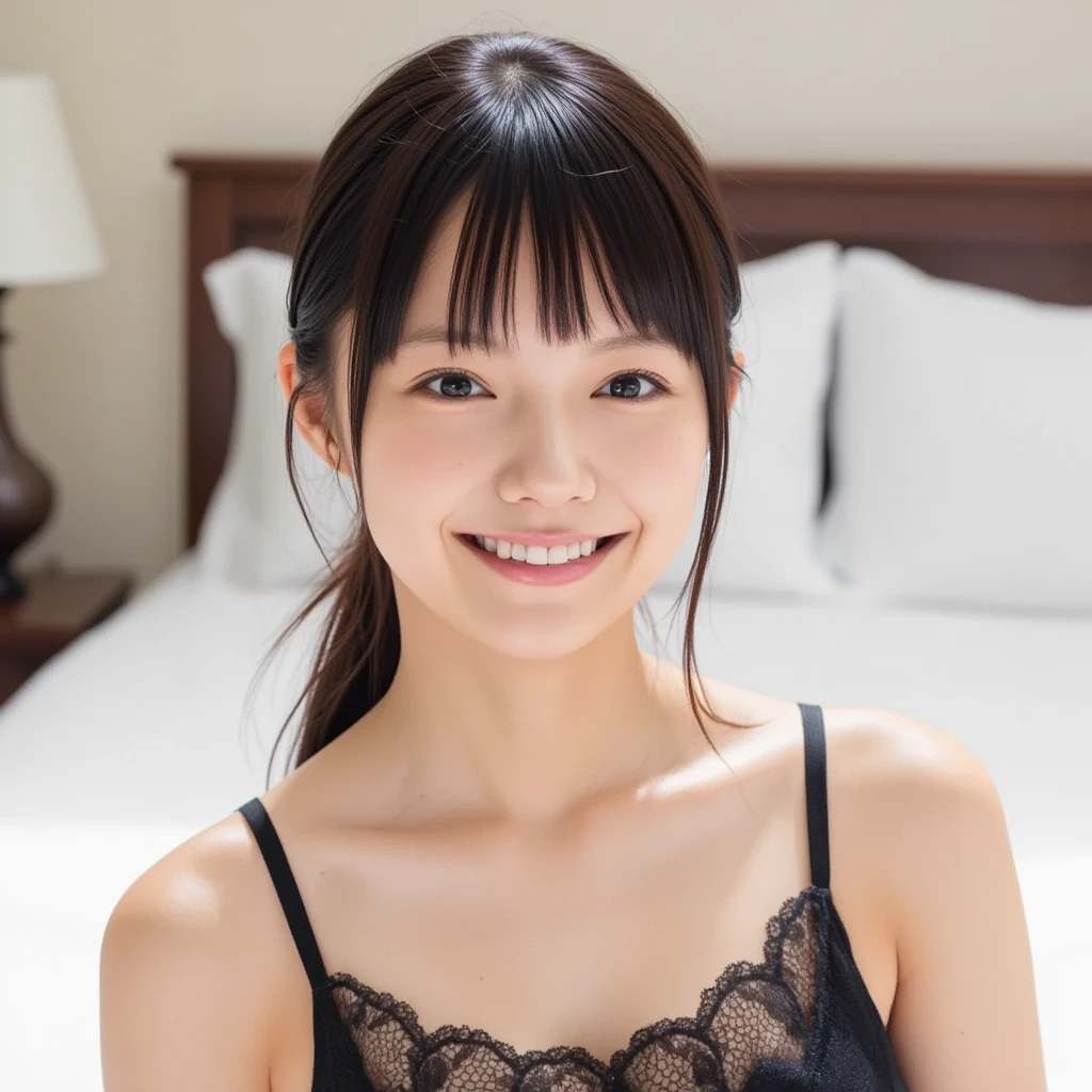 highest quality, High resolution, realistic pictures, detailed skin texture, Cute 15 year old Japan girls, view audience, slim body shape, charming gaze, Fair skin, baby face, (flat chest:1.2), long straight hair, (loli:1.2), smile showing teeth, in bed by the window, Short white camisole
