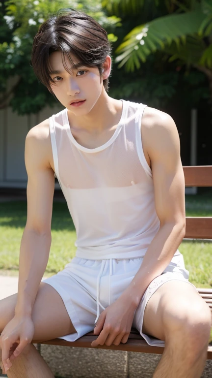A 16 year old boy on the beach,Naked upper body, Wearing gym shorts, whitestocking,Smooth skin, Wear sneakers, sentado na praia,Wearing sweat, Abs can be seen, junior school student, Differential crushing cap, rough breath, Black hair, Messy hair, modern, Eye level shots, hyper HD, Masterpiece, ccurate