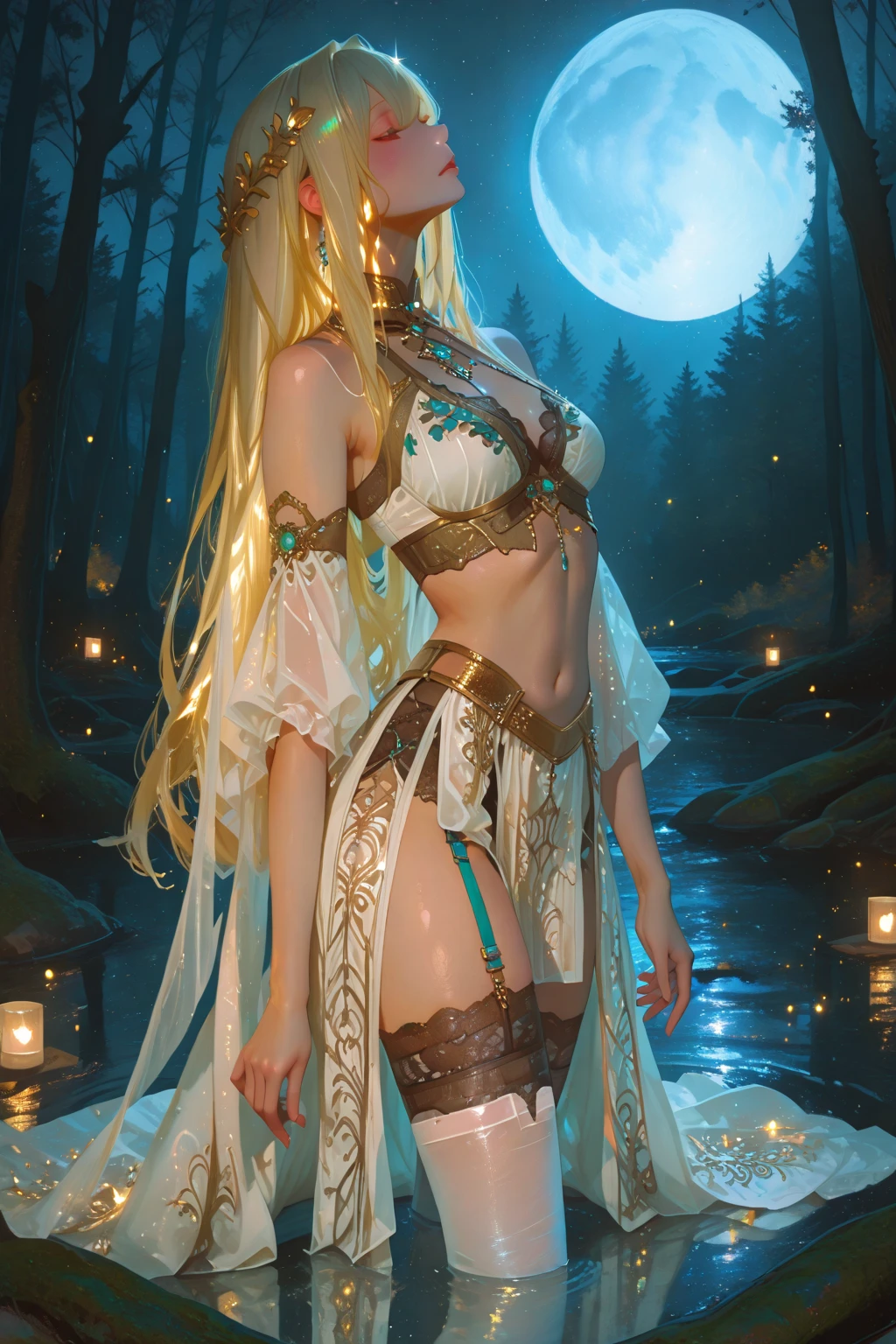 Movie still image, at night, ((Best Quality, 8k, Masterpiece:1.3)), Focus: 1.2, caucasian blonde with curly hair, long white sleeveless silk robes, dynamic pose, pointy elf ears, native necklaces, and silver bracelets, Perfect Body Beauty: 1.4, ((Long Hair)), (Wet Clothes:1.1) , fantasy forest at night background, Highly detailed face and skin texture, Detailed eyes, Double eyelids, natural skin, lush colors, volumetric lights, ambient occlusion, rays of light shining trough clouds, cinematic lighting, depth of field, backlight, dark, moody, misty, by greg rutkowski, , midnight, moonlight