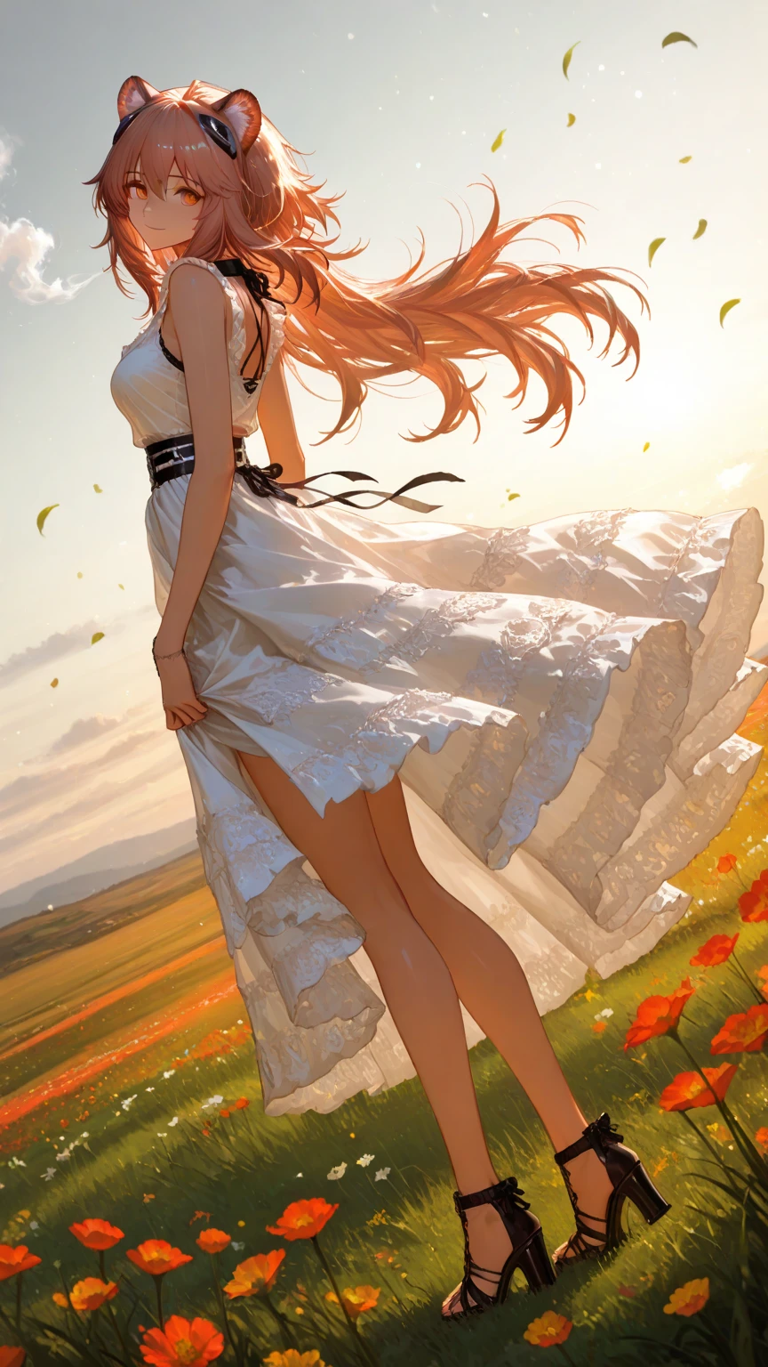  1girl, Gravel_Arknights , High-altitude grasslands covered with lush grasses and flowers , The wind is blowing under the summer sun , mesh shawl , Total lace tiered sleeveless casual blouse , Layered tiered casual long skirt made of chiffon fabric , Thick-soled sandals with thick heels and cross straps , slightly smile , looking at viewer , skirt flare in breeze , looking back , reaching , close eyes , open mouth , natural makeup ,  pose , 
break , 
( ambient occlusion:0.9 ) , masterpiece , best quality , ultra-detailed , high resolution , extremely detailed CG , unity 8k wallpaper , super detailed skin , perfect  , detailed beautiful face , detailed beautiful eyes , highres , chiaroscuro , highly detailed background , elaborately designed clothes , dramatic lighting  , full body , from side , dramatic angle , light particles , ARW ,  
