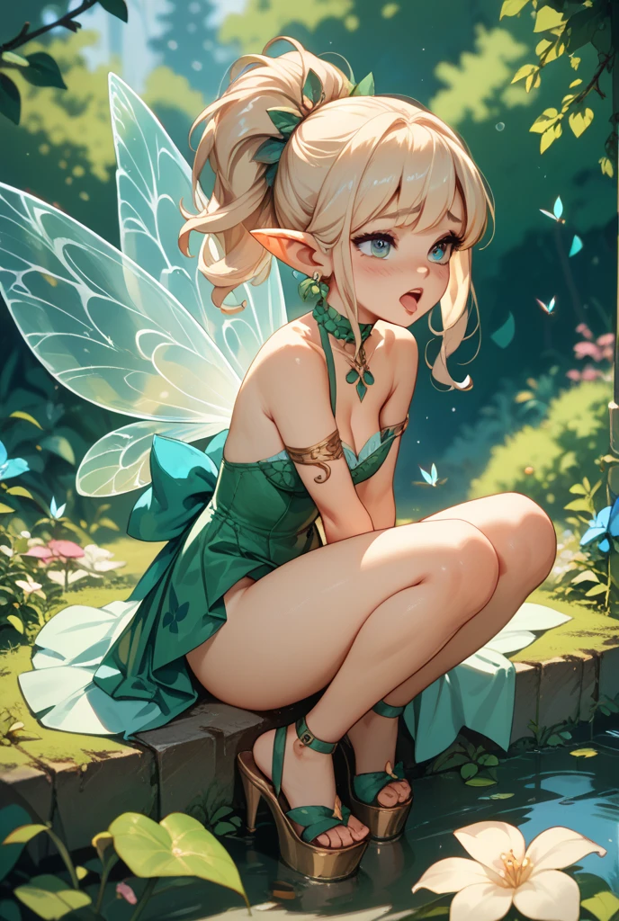 (Ding Kuafu:1), Smile, Lovely big breasts, Cute pose, Looking at the audience, Thick thighs, single bun, Pointed ears，Short hair details, (Green bandeau dress:1), (Fairy Wings), sit, (Breast focus:1.2), From above, 
(Practical:1.2), (Endless Realism), (masterpiece:1.2), (best quality), (Extremely detailed), (8K, 4k, complex),(Full body image:1),(Cowboy shooting:1.2), (85 mm),Light Particles, light, (The content is very detailed:1.2),(Delicate face:1.2), (slope), National Foundation, rich and colorful,(Delicate eyes:1.2),
(Detailed landscape, Inside a glass jar:1.2),(Detailed background),Detailed landscape, (Dynamic Angle:1.2), (dynamic poses:1.2), (Rule of Thirds_artwork:1.3), (Course of action:1.2), Wide-angle lens, Sunlight, Solitary,