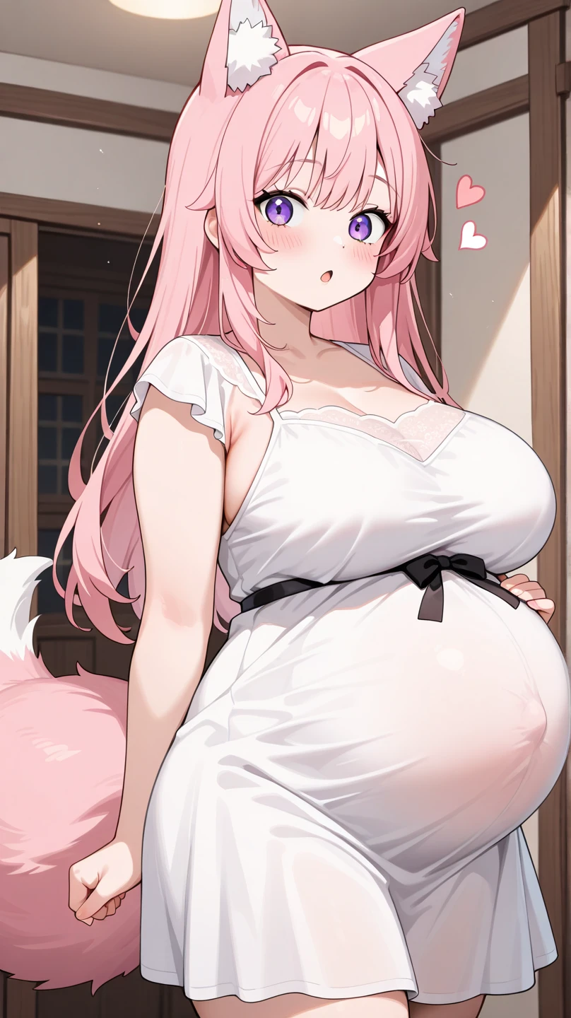 Adult woman, Pink hair, Low ponytail, White eyes, Fox ears, Foxtail, Open dress, Masterpiece, hiquality,pregnant belly,Pregnant belly
