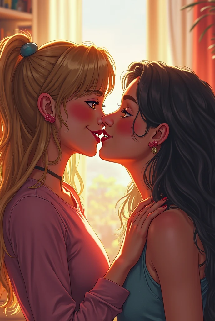 Illustrate the story of two Brazilian girls who fell in love during their senior year of high school. One of them was taller with straight dark blonde hair and the other was shorter with shoulder length wavy hair.. Show them hugging each other.