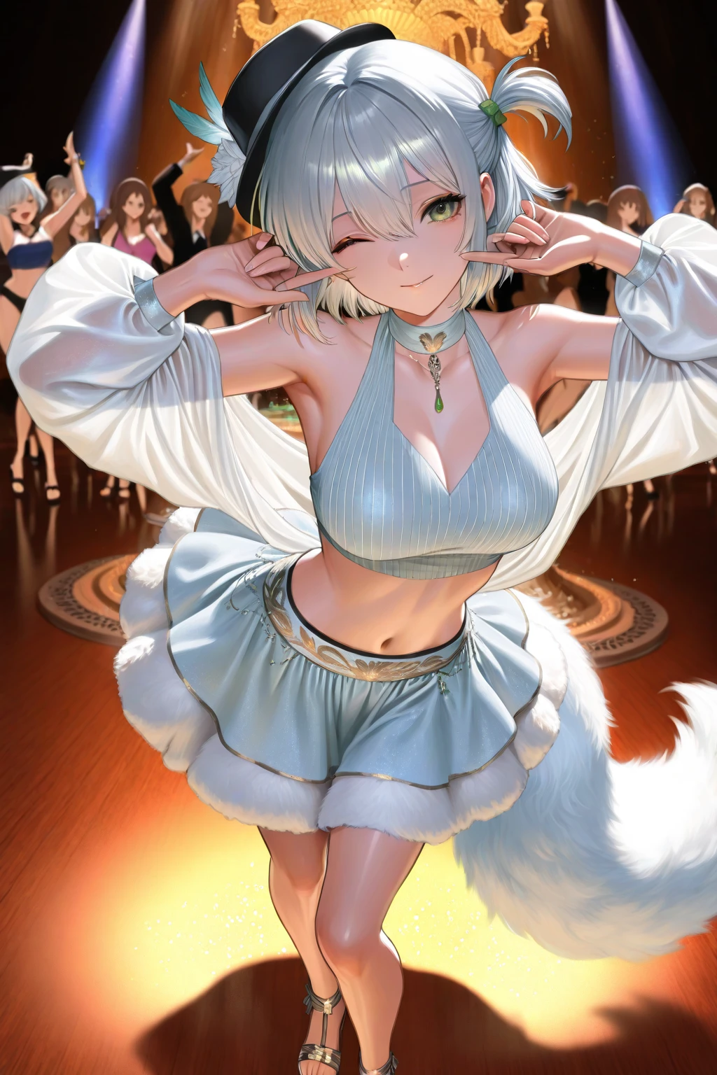 top quality, best quality, High-quality illustrations, masterpiece, super high resolution, detailed background, detailed background, Belly dancer, Raqs Sharqi, stage, Spotlight, group shot:0.5, 6+boys, 6+girls, Happy, joyful, absurdres(highly detailed beautiful face and eyes)perfect anatomy(kemono, furry anthro),