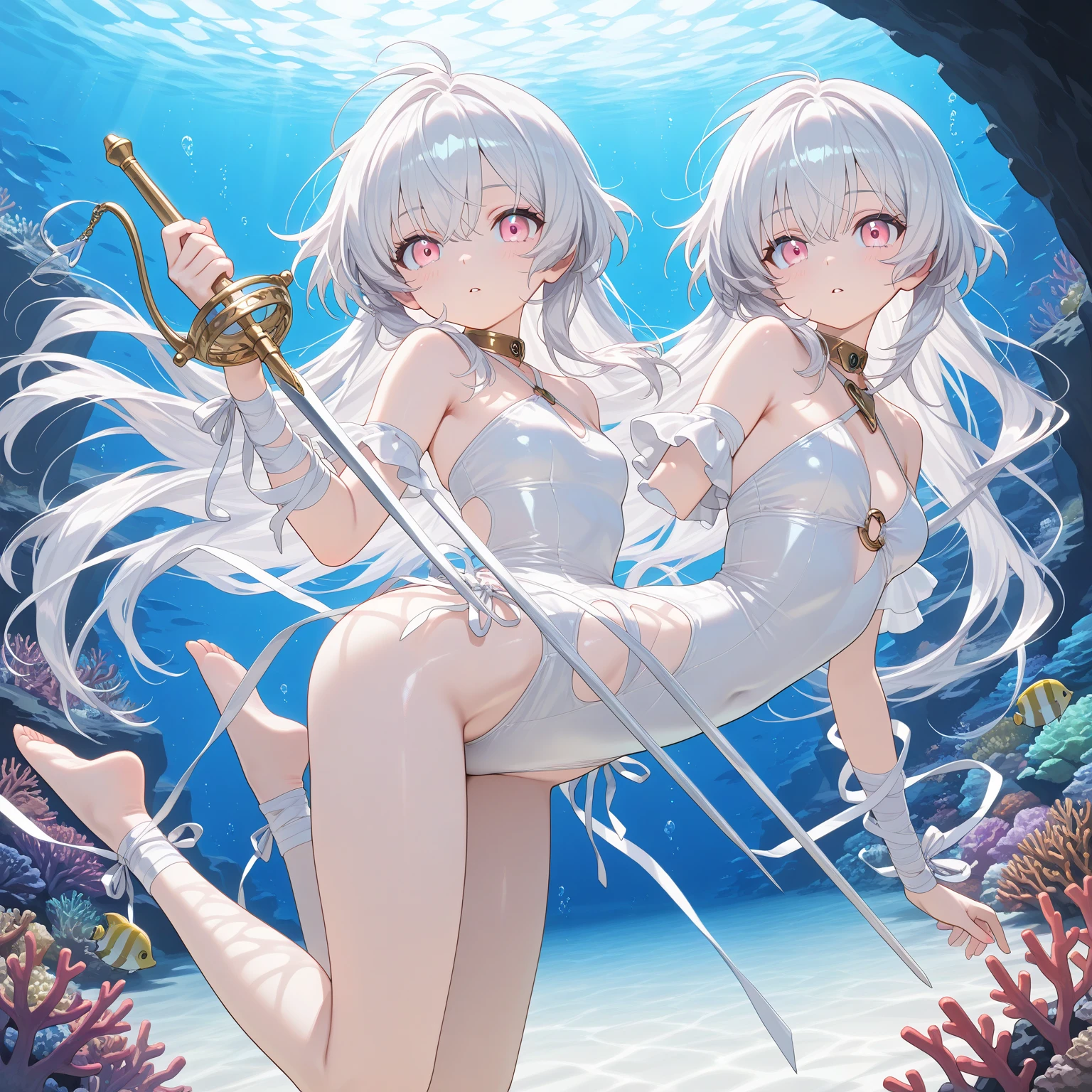 a girl，Sheep&#39;s horn, full color,  long white hair, Red眼睛 ，Eyeliner, immerse in water, black transparent clothes, Red, open air, Rose, night, ruins, Butterfly，back view，big asutt close-up，camel toe，bend over，soaking wet