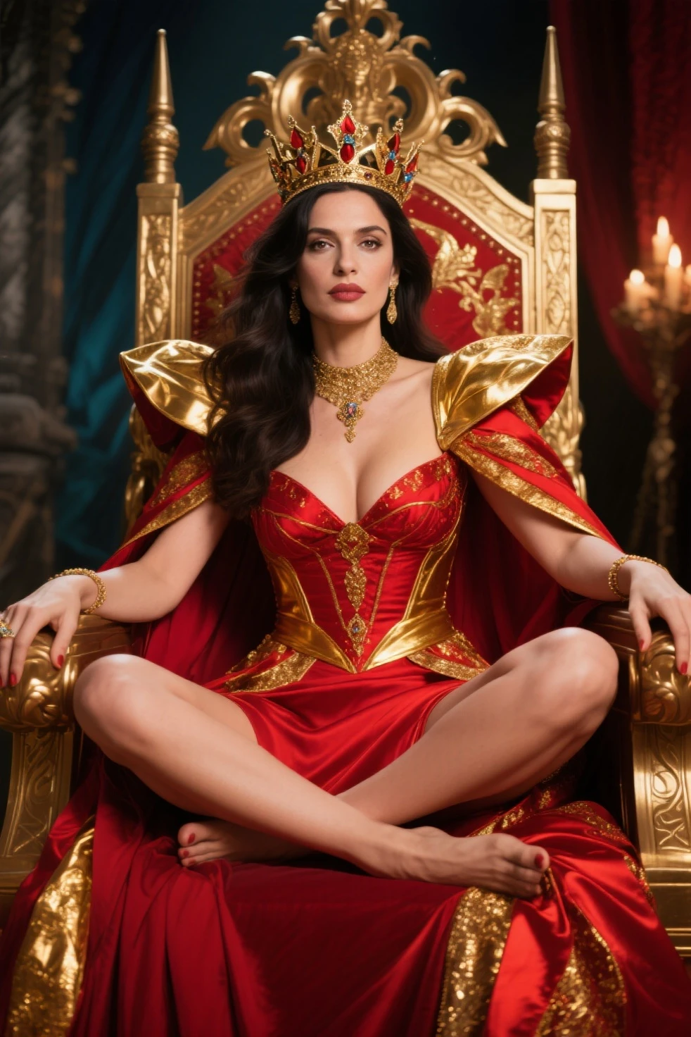 A high quality 1990s fantasy movie still, with heavy film grain. (full body photo). Soft, dramatic lighting. A seductive evil ((45 year old)) (Jewish woman), straight hair, queen, revealing outfit, large chest, ((plunging neckline)), wearing small ruby tiara, Large nose, wide chin, with broad shoulders, (thick body), wide hips, tan skin, long flowing open cape. Set in open fantasy (throne room), with a view to outside, beautiful masonry of an ancient elven castle. Soft warm candlelight. High Resolution, Very Long Hair, Large breasts,