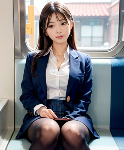 top-quality、hight resolution、ultra-detailliert、masterpiece、Raw photography:2、realisitic:2、Photorealsitic:2、extremely delicate and beautiful、finely detail、Textured skin、low angles、1girl in、Solo、Alone、18 year old beautiful schoolgirl、in a high school uniform、(Subway seats)、(Body facing the camera)、(Sitting on a chair with open legs)、Dark blue jacket and plaid skirt、white shirt、neck tie、Black loafers、beauitful face:1.5、tall、Brown hair、Bare legs、perfectly proportions、small tits、Open legs like Sharon Stone、Open your crotch、Sensual legs、Showing white panties:1.7、、Do not expose your upper body、Pubic hair is visible、The shape of the woman's pubic area is clearly visible