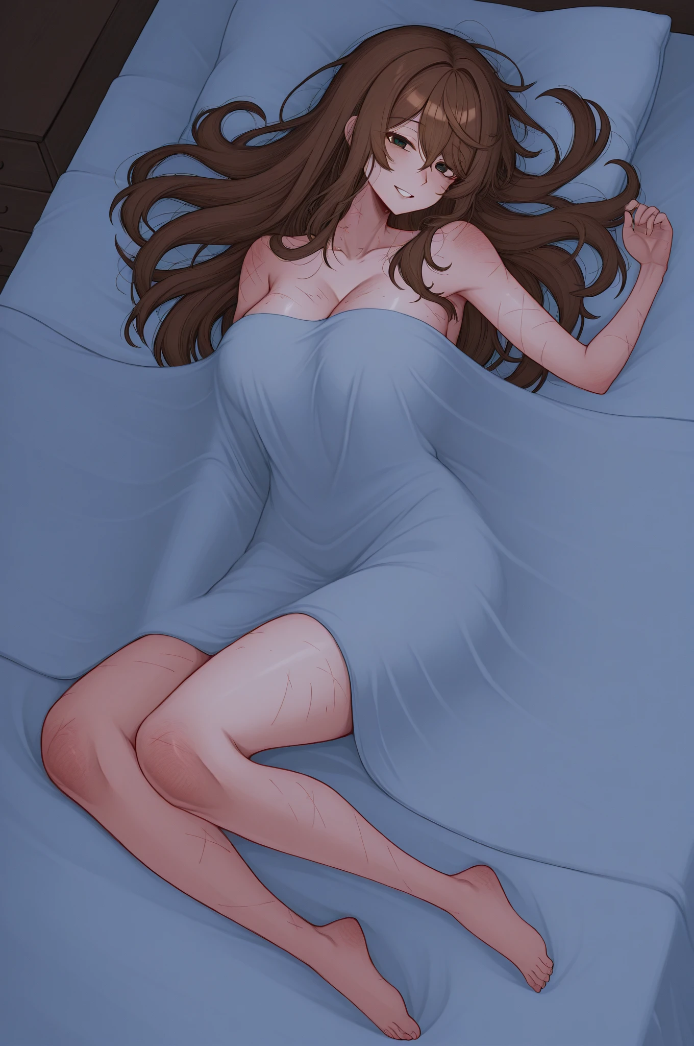 tmasterpiece、full-body view,RAW photogr,Background with((Bedrooms, Lie down in bed))、(pillowslip), (dakimakura), 15yo student、A beautyful girl、ssmile,Colossal titikini with detailed embroidery,sexyposture、perspired、Wet hair,Barefoot