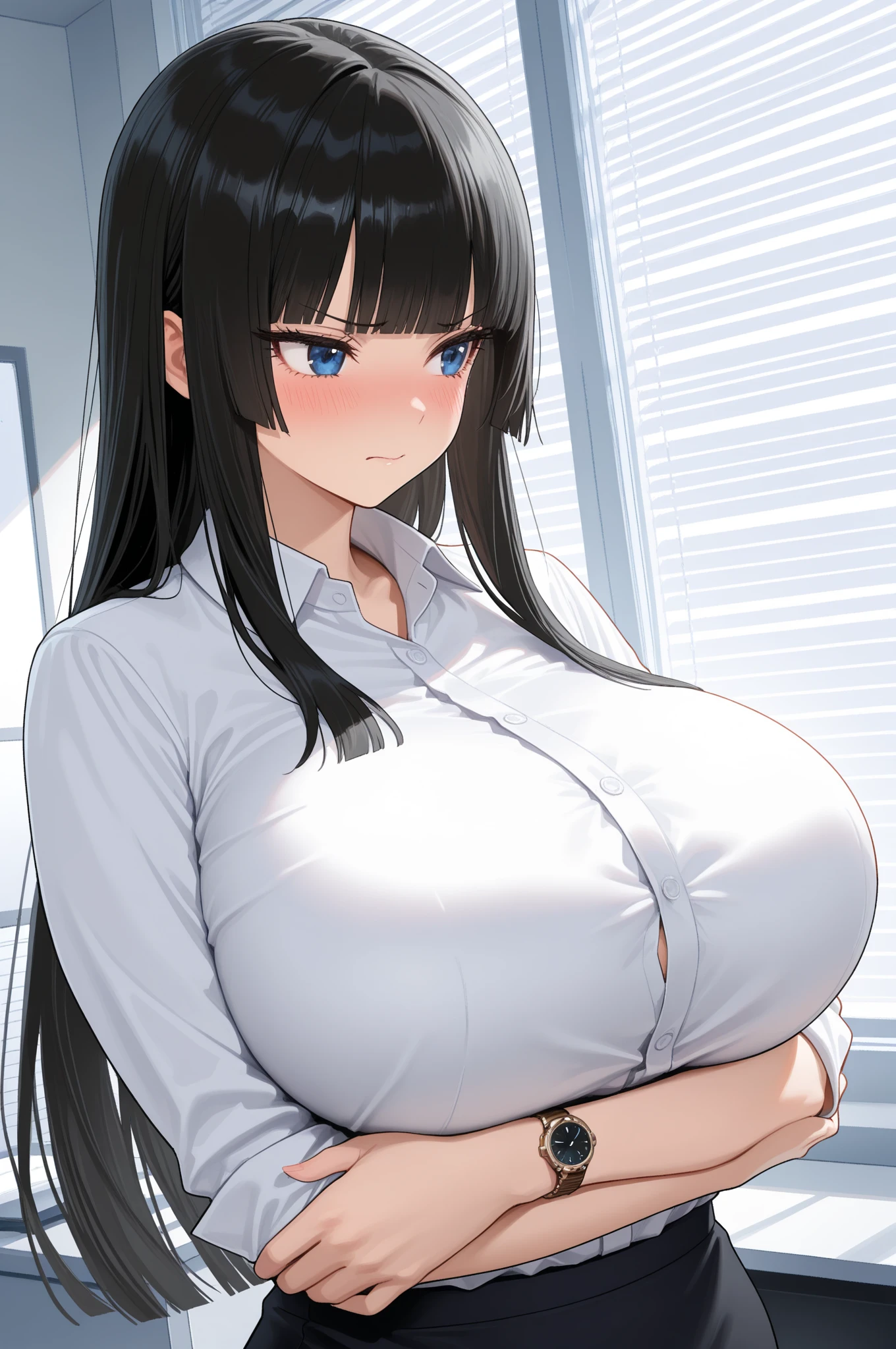 (masterpiece), (best quality), (ultra-detailed), ((girl, 29 years old)), an extremely delicate and beautiful, detailed eyes, minute details, (black hair, long hair, straight hair, hair between eyes), ((big breasts)), smile, open mouth, ((beautiful eyes)), (blue eyes), (upper body), she is wearing a blue dress, (detailed clothes), (detailed background, in a hospital, hospital hallway), (monochrome)