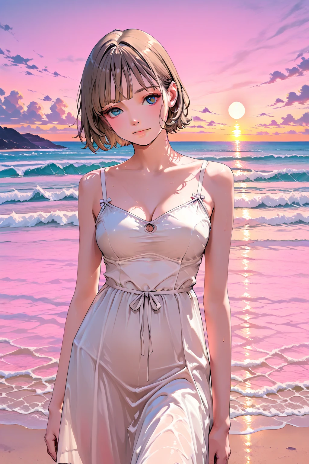 (Masterpiece, BestQuality:1.3), (ultra detailed:1.2), (hyperrealistic:1.3), (RAW photo:1.2), High detail RAW color photo, professional photograph, (Photorealistic:1.4), (realistic:1.4), professional lighting, perfect ???????, (Big Breasts:1.2), (blush, detailed face), (cheerful Smile:1.5), (Pink Hair:1.5), Trending Hair&Trending Hairカラーをランダムに, earrings, necklace, bracelet, sexly, erotic sexly, Random sexy gravure poses, (Pink camisole and shorts、And the girl with the silver necklace、Relaxing at the beach house。: 1.3)