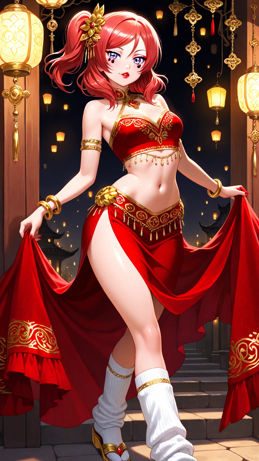 girl xinh: Asia, siêu dễ thương;
age: from 18-20 years old;
hair: copper orange color, smooth, lung linh dưới sunlight, detail;
skin: milk white, rosy and flawless;
eye: jet black, almond shaped, sexy, youthful, trong veo, siêu detail, elegant, charming, sharp makeup, true, attract viewers;
mí eye: delicate, delicate, Perfect Beauty;
eyebrow: cong, dear, high solution;
Face: beautiful, pure, like a fairy, Gentle makeup, lovely, Perfect balance, đẹp đến từng detail;
nose: xinh, lovely, cao;
cheekbone: prominent;
lip: charming, light red lipstick, son bóng lovely;
răng: illustrious, Lily-white;
Charming smile, showing white teeth;
ngực: full, deep slits, ((toning)), khít clothing ngực, pointed nipples;
clothing ngực: Red tươi, gold embroidery, metallic luster, silver mesh;
underwear: threaded, ((Red)), metal rim, tight;
Body shape: full, charming, full of youth;
accessory: ruby necklace, bông tai ruby, xăm;
clothing: silk fabric, White, piercing;
dress: tight, piercing, floral embroidery, extremely thin, hở nội y;
Fashion style: high class female, Modern 2024, luxurious;
Image quality: non-NSFW, 8K CG HD, high solution, Super nice graphics, professional, detail, colourful, ultrafine, advanced techniques, RAW true;
light: luxurious, complex color combinations, black gold rays;
sunlight: twinkle, illuminate the girl's body;
Wallpaper: street, light chói chang;
Girl pose: ((ngồi)), ((2-legged form)).