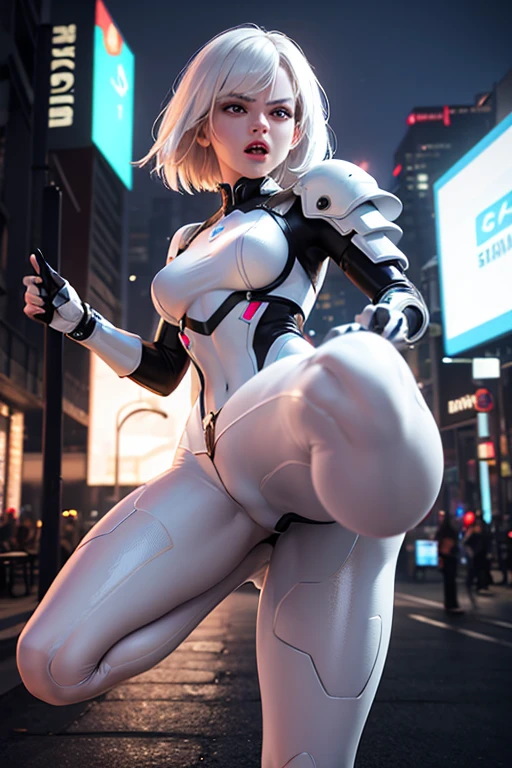masterpiece, best quality, giantess, giant girl, doachristie, choker, white jumpsuit, cleavage, belt, white gloves, black boots, (huge breasts: 0.8), looking at viewer, upper body, smile, frown, night sky, cityscape, crouching, aerial view, view from below