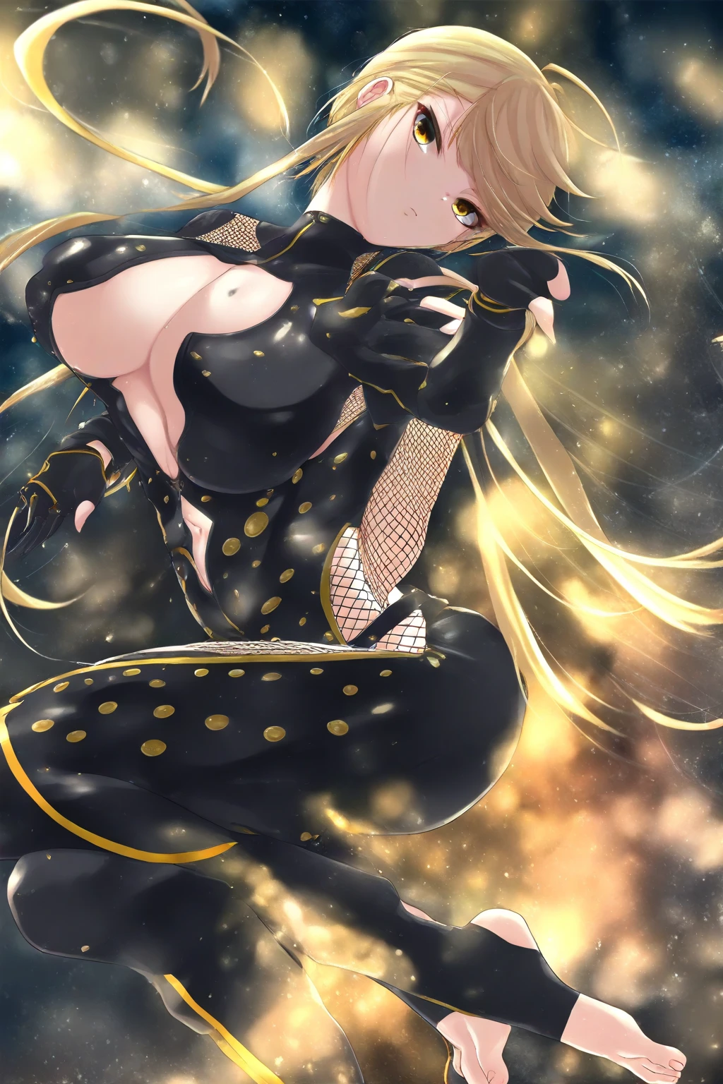1girl,solo,super detailed skin,shiny skin,expressionless face,smile ,yellow medium hair,hairs between eyes,high-tied twin braids,eyelashes,lips gloss ,open mouth,large soft breasts,fullbodysuit,fishnet arms,cleavage cutout,ninja clothes ,cleavage cutout,yellow magic,simple background,masterpiece,best quality,ultra detailed,high resolution,sharp focus
