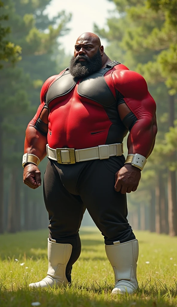 A giant huge strong Muscular African American man in a mr.incredible suit with a short buzz cut and short beard showing in Pixar style with a red suit he is grunting out of pain while Restrained in metal capsules around his hands and feet attached to neutral electric currents running around an anti gravity force field in a Secret evil layer 