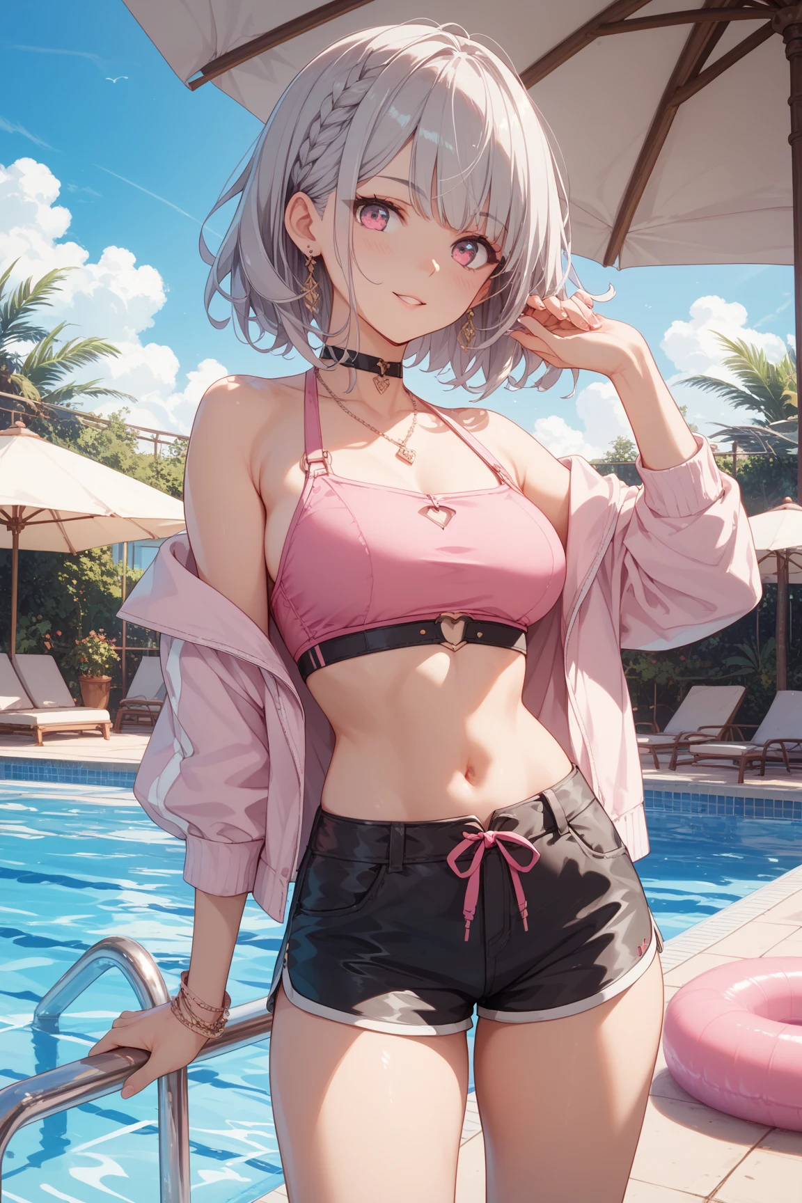 a cute girl, bangs, short hair, silver hair, cleavage, standing, glasses,
no sleeves laced pink shirt, light pink skirt, looking at viewer, pool side,