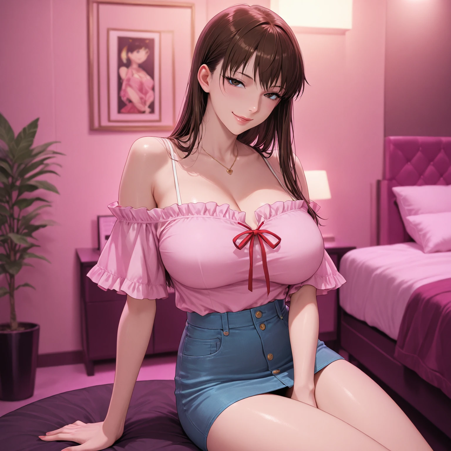 A cartoon illustration of a woman in a pink dress posing, Attractive anime girl,(((Large Breasts、Breast sagging、Low-cut,Cleavage ,Wide hips,)))((Long legs)),Hourglass figure)), Misaki Juri, high_detailed!!, Loose purple robe, OPPEIN, Ecchi anime style, Beautiful charming anime woman, beautiful alluring anime teen girl, ace lawyer maya fey, Realistic anime 3D style, Katsuragi Misato, Visual novel cg