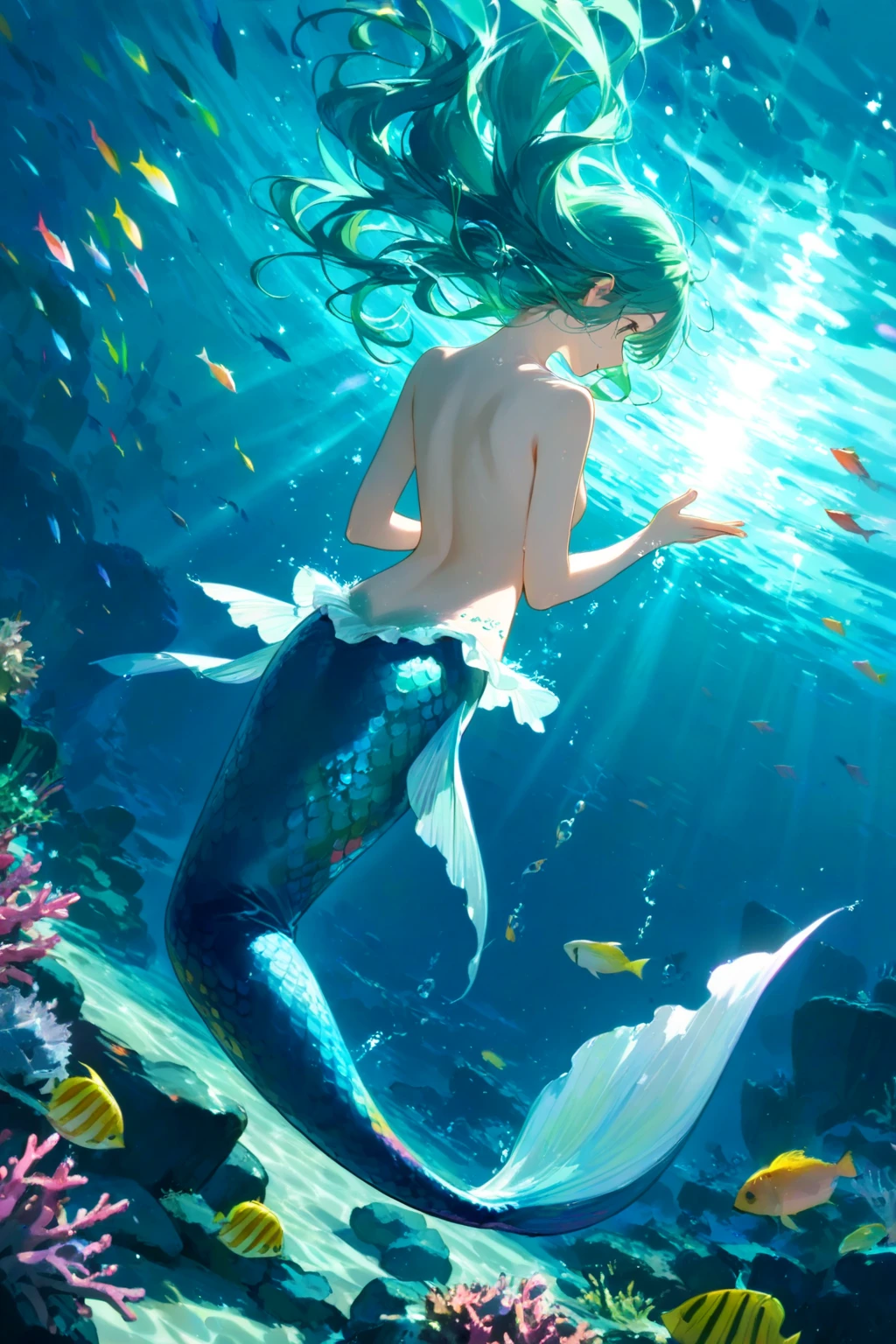 realistic photo, best possible quality, ultra realistic, sea, seabed, underwater, corals and reefs, a mermaid, a beautiful young woman, with random hair moving in the water, from waist to toe, she has a fish tail, mermaid, swimming with school of fish