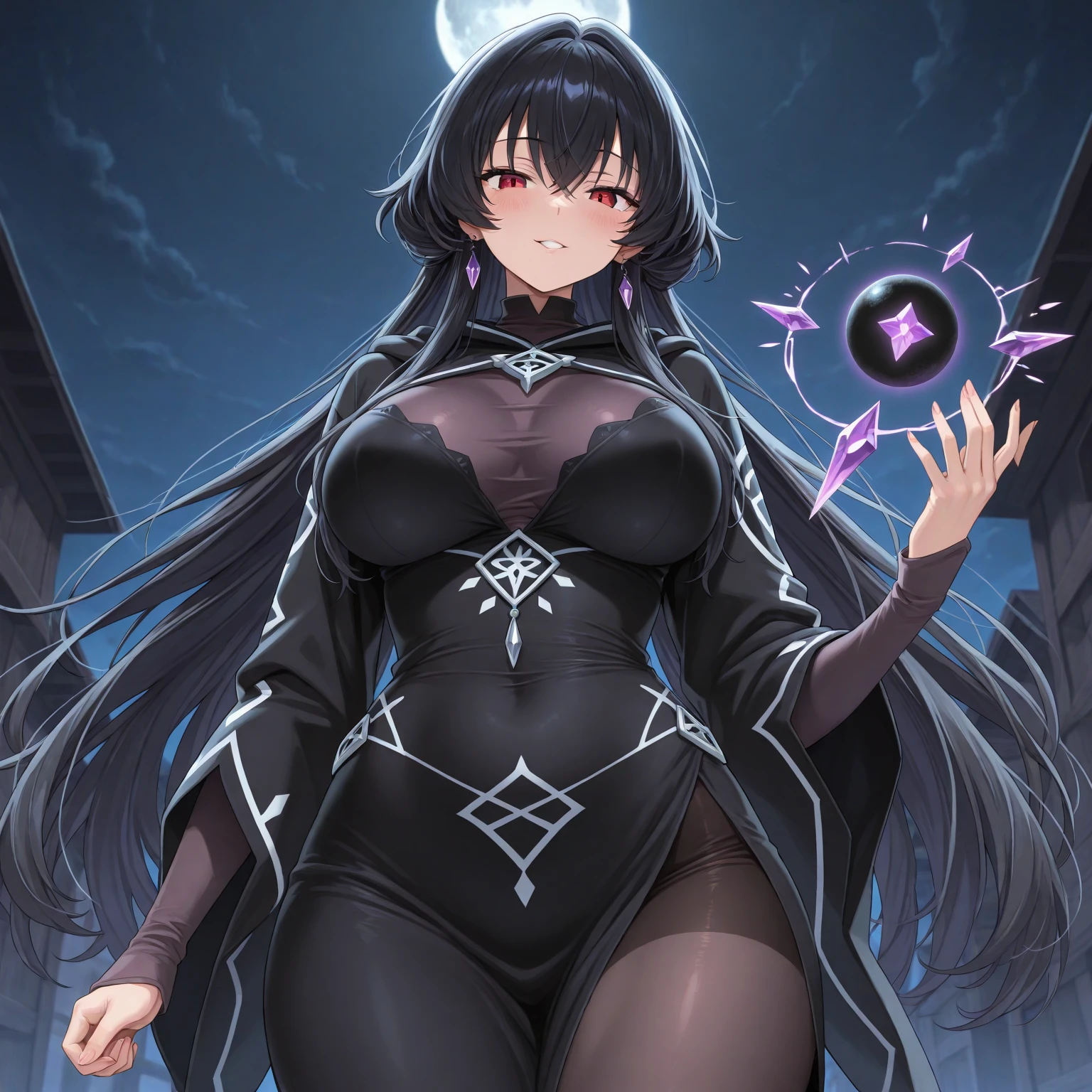 Maximum quality, Masterpiece artwork, high qualiy (Uma garota very beautiful, very beautiful) with long, curly black hair, full, big boobies,waist long, purples eyes, nice, wearing a long, voluminous coat with large sleeves, outdoors and amidst dense forest and calm rain.