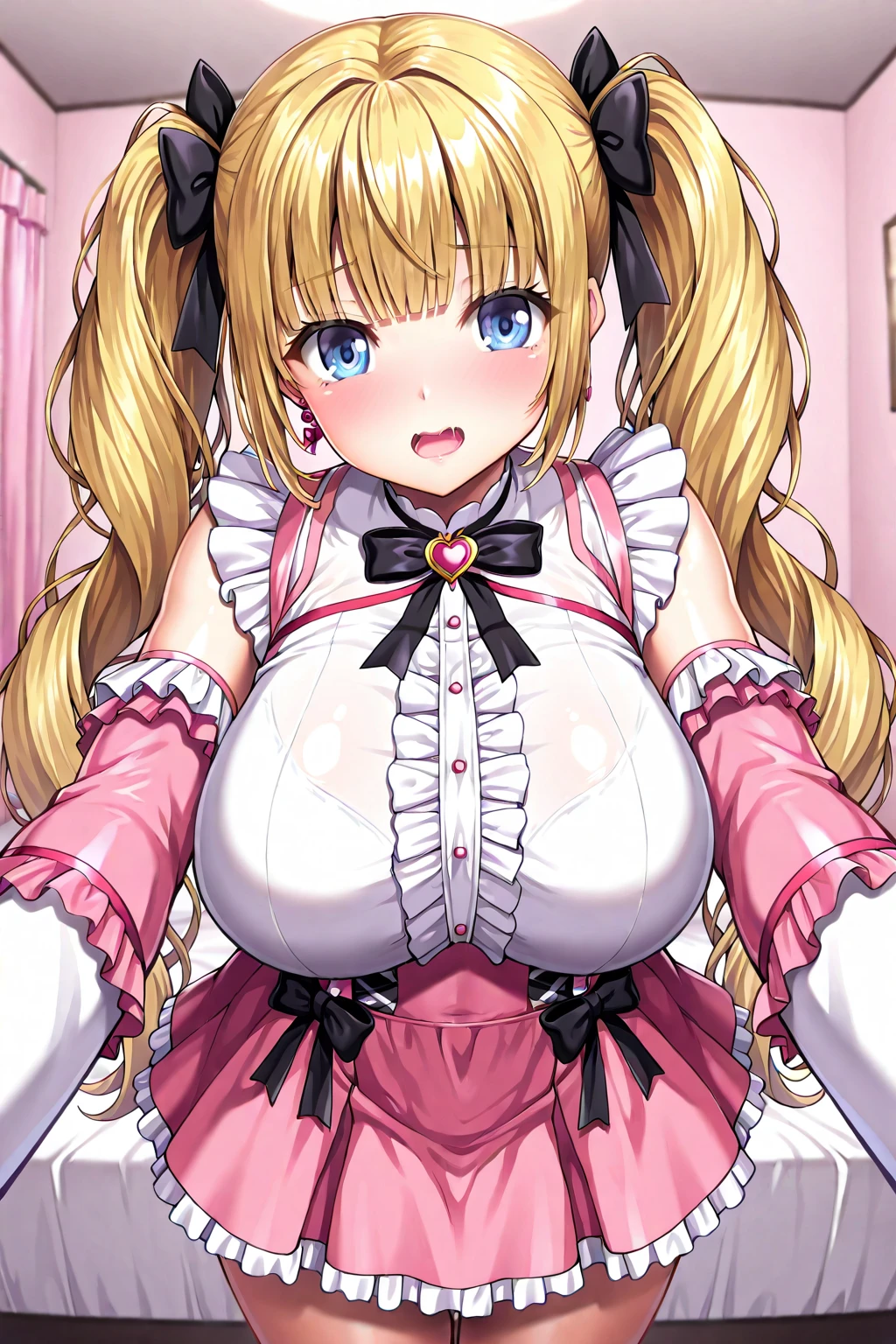 grown woman, AS-Adult, Blonde braids and big pink bow, Wearing a pink French maid outfit, frilly petticoat, girlish, Decorative style, huge boob, massive cleavage, very curvy, Raised your legs, Beautiful curves, Wearing pink maid outfit, pink environment, ports, Pink aesthetics, pink bow in her hair. , Ahegao, face flushed,