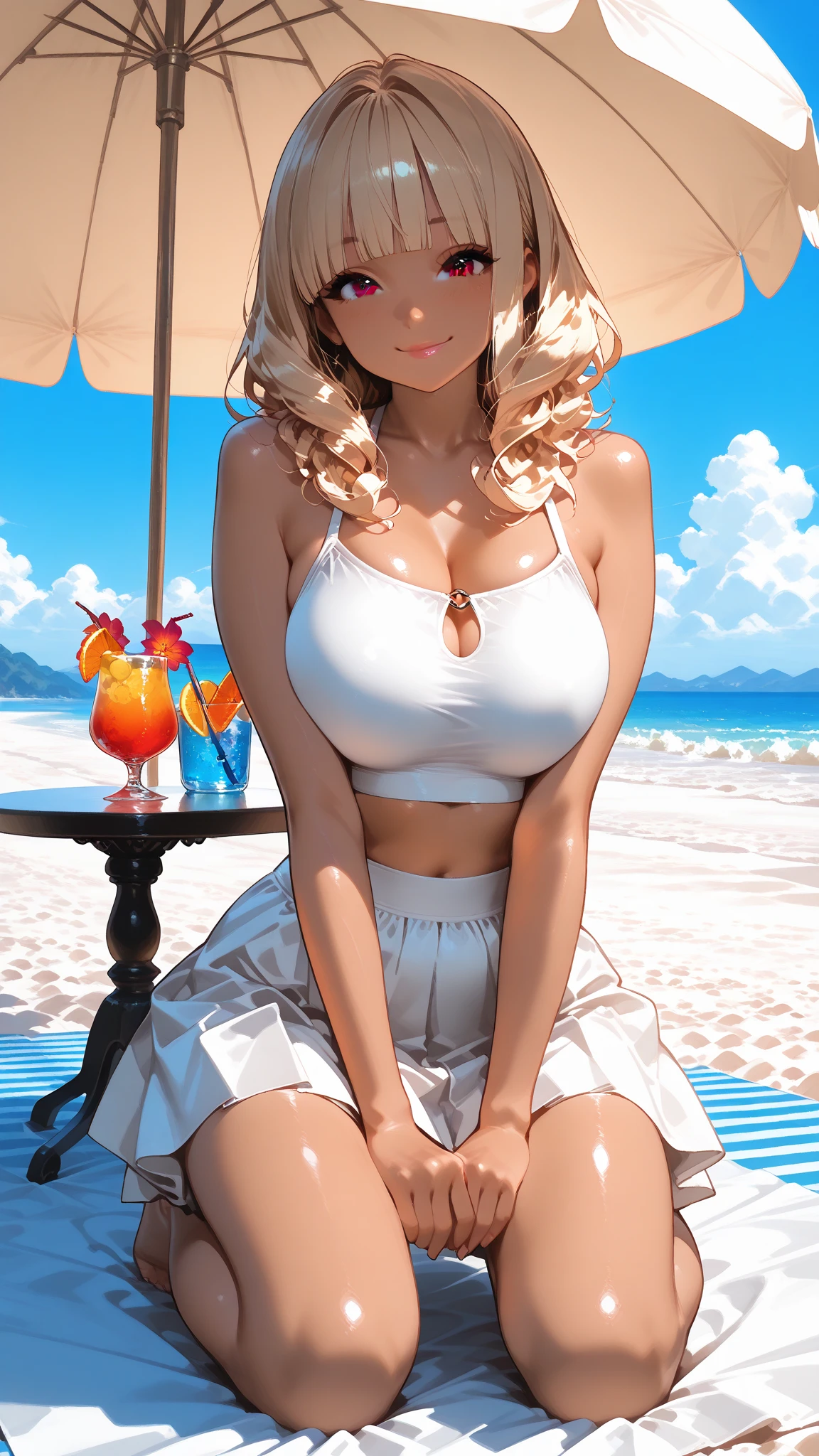 (vivid colours:1.6, sunny day:1.7, beautiful view:1.5 ), blue sky,gyaru, , tan-skin, curvy, long blonde hair, black blouse, cleavage, hair bound behind head, toned, bronze eyes, parted lips, izakaya, table, food, drink, blush, (happy, laughing, open mouth), looking at viewer,
BREAK,
"Mei is the captain of the Judo club at Gyaru High School, and practices devotedly, aiming to become a great action actress. Combining harsh dedication to her training with passionate ways to let her hair down afterwards, her gentle strength and curvy beauty are captivating to encounter.",KDPinup, pinup, sexy, gorgeous, style of Kingdom Death pinup art,1girl, tan, kurogyaru, tan,
, sultry look, seductive,1girl, tan, kurogyaru, tan,
, sultry look, seductive,