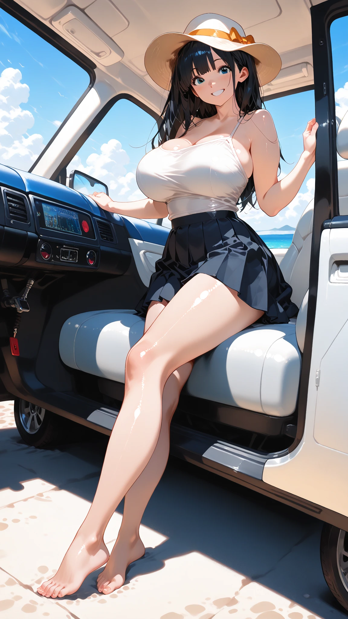 (best quality:1.3), (4K quality), (Detailed face:1.2), (Detailed eyes:1.2), 1girl, solo, Taiwanese woman, long black hair, With bangs,1 female in, 28 yo, Beautiful face, glossy lips, red lipstick, closed mouth, smirk, big breasts, deep cleavage, pale skin, Black tight tank top, Tight Denim booty shorts, black high-heel shoes, standing. (Background: Indoors, car repair shop). The woman is an automobile repair mechanic