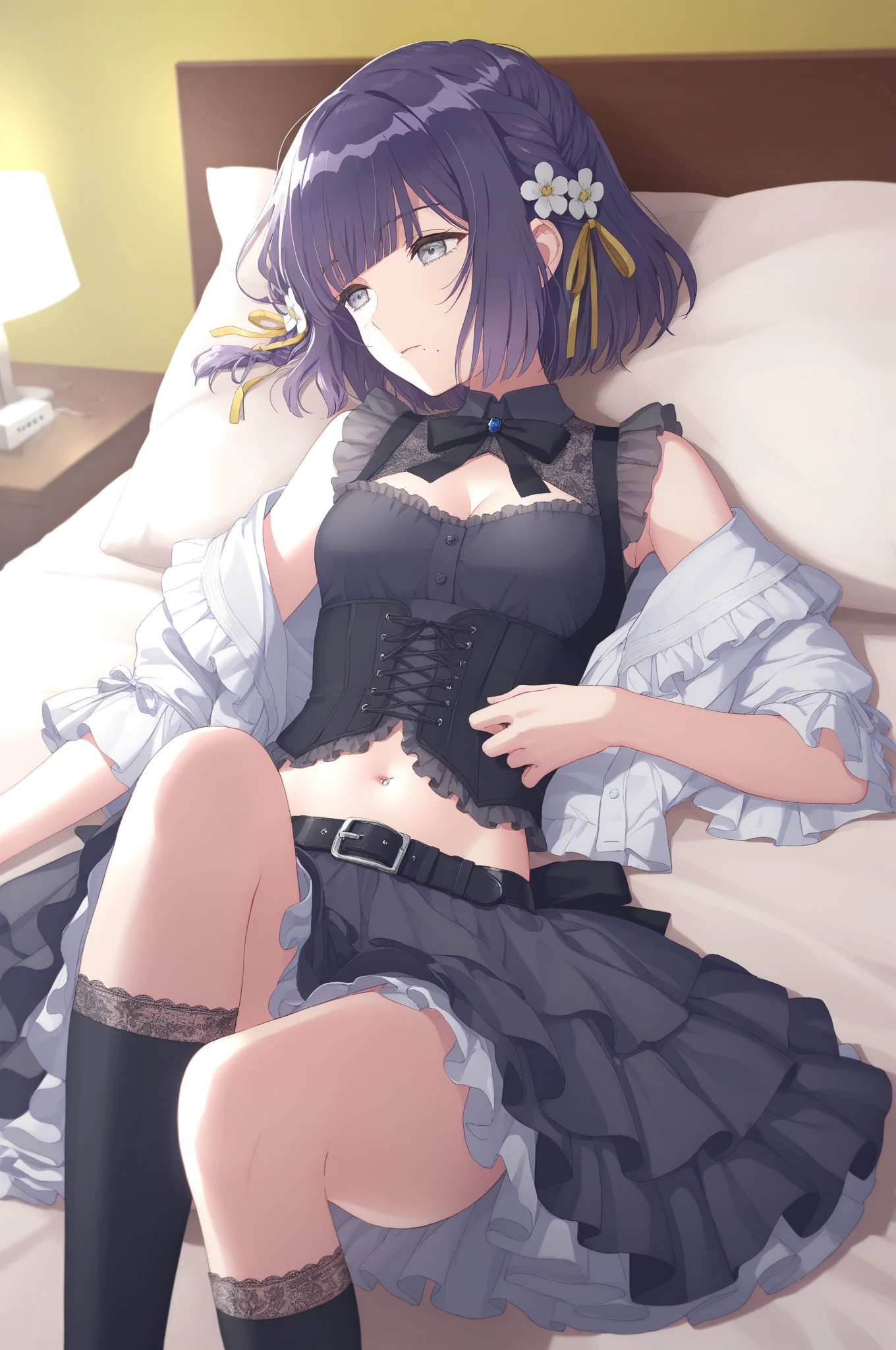 masterpiece,best quality,highres,ultra-detailed,aanodoka,1girl,black eyes,purple hair,short hair,ahoge,<lora:miyazaki_nodoka:0.7>,(corset top:1.2),(garter belt:1.2),garter straps,choker,thighs,(embarrass:1.2),sitting,squatting,_open_legs,indoors,over-kneehighs,(panties:1.2),