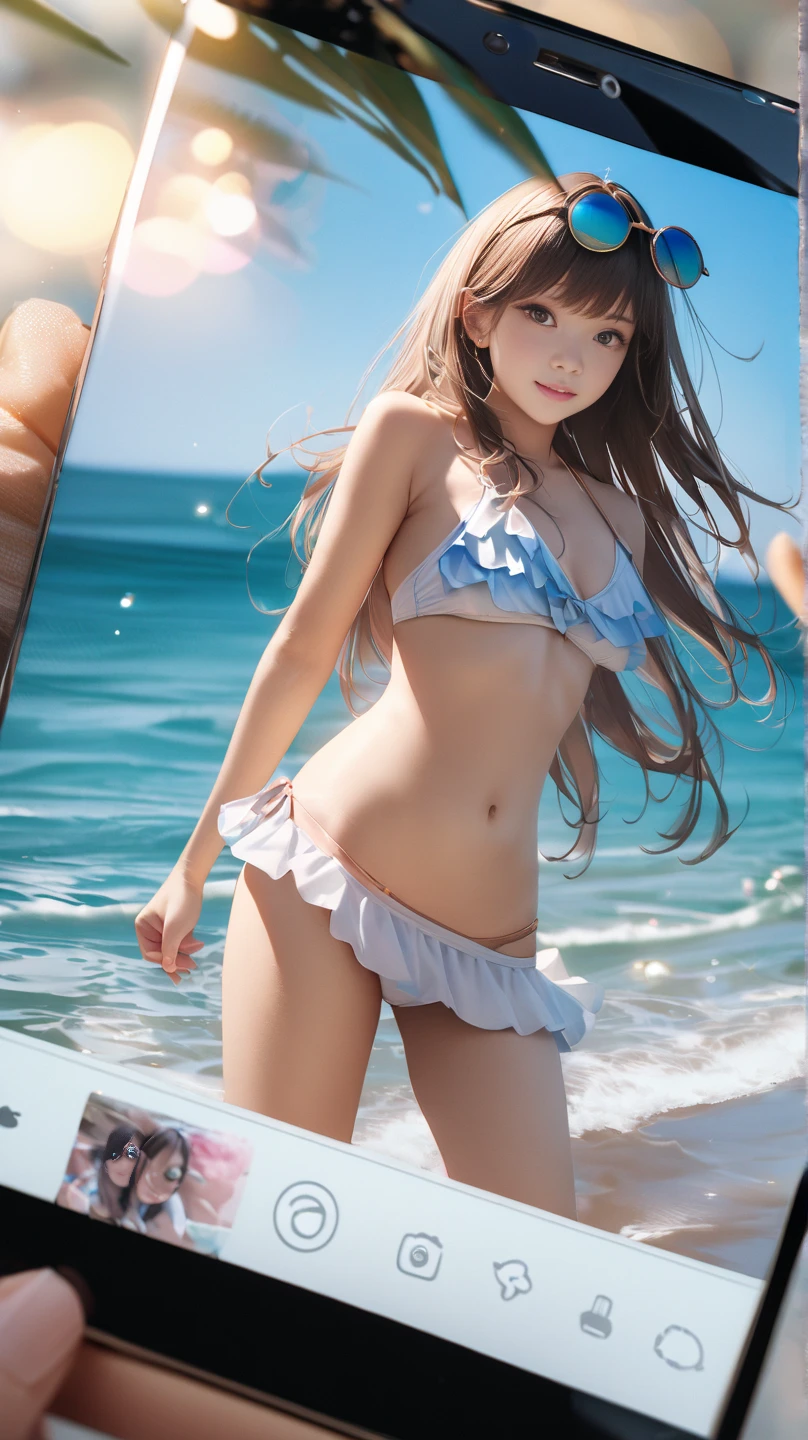 1girl, 12 years old, Famous idol, 1cute girl, very young face, masterpiece, high quality, small face, (very small tits:1.8)separately micro white bikini style, sexy pose, dramatic angle:1.4, Stroll around sandy coast,half smile:0.5,