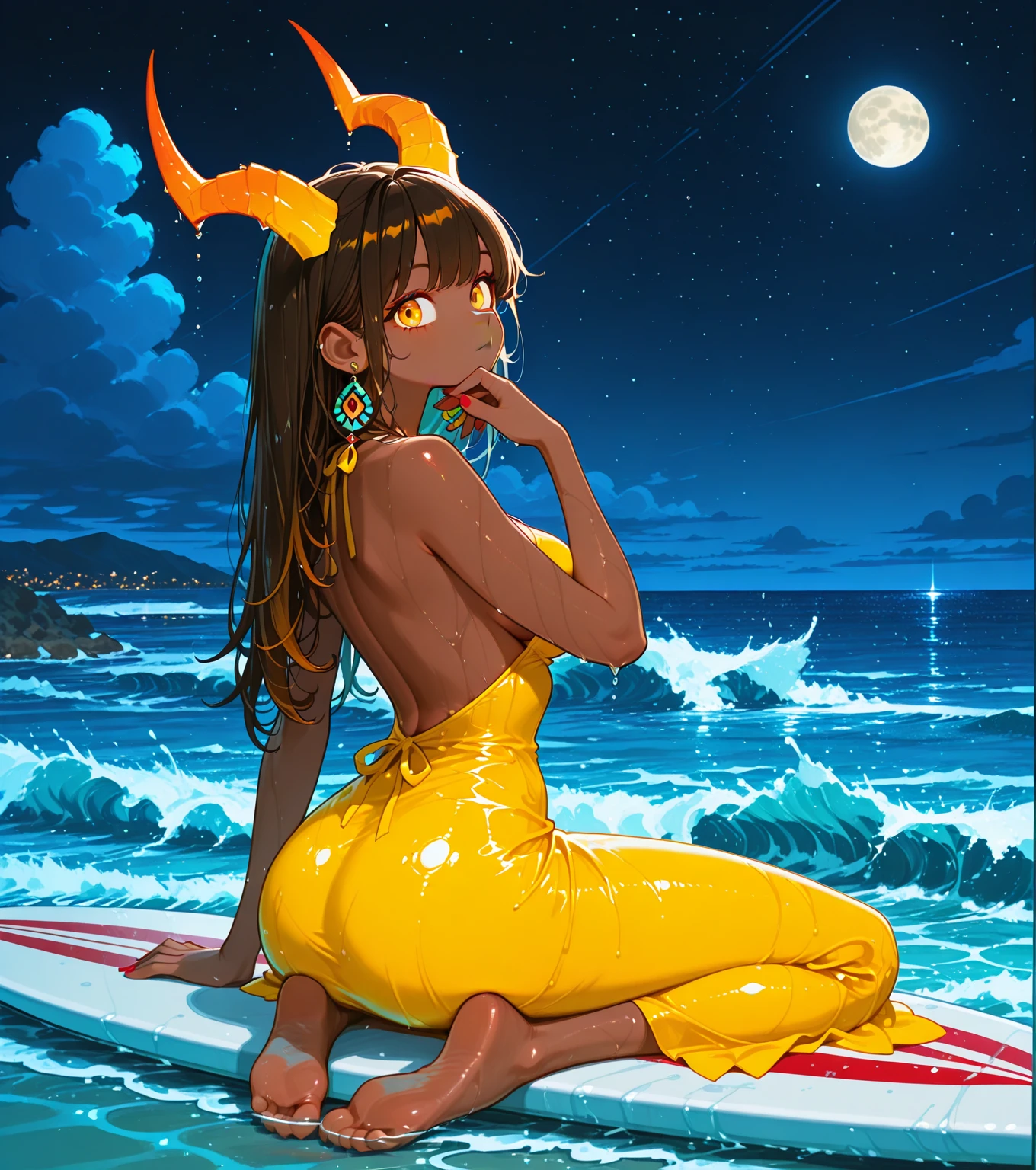 (masterpiece, best quality, ultra detailed, beautiful illustration), atmospheric perspective, depth of field, looking at viewer, beautiful detailed eyes, anime eyes:1.4, (portrait), sexy pose, dynamic angle, (outdoors, grasslands, lake, partially submerged, night, giant moon), 1girl, :d, (medium breasts),  <lora:Alena_DQIV:1> Alena, red eyes, orange long hair, splashed hair tips, (yellow micro bikini:1.9, very skimpy micro bikini:1.9), waving,