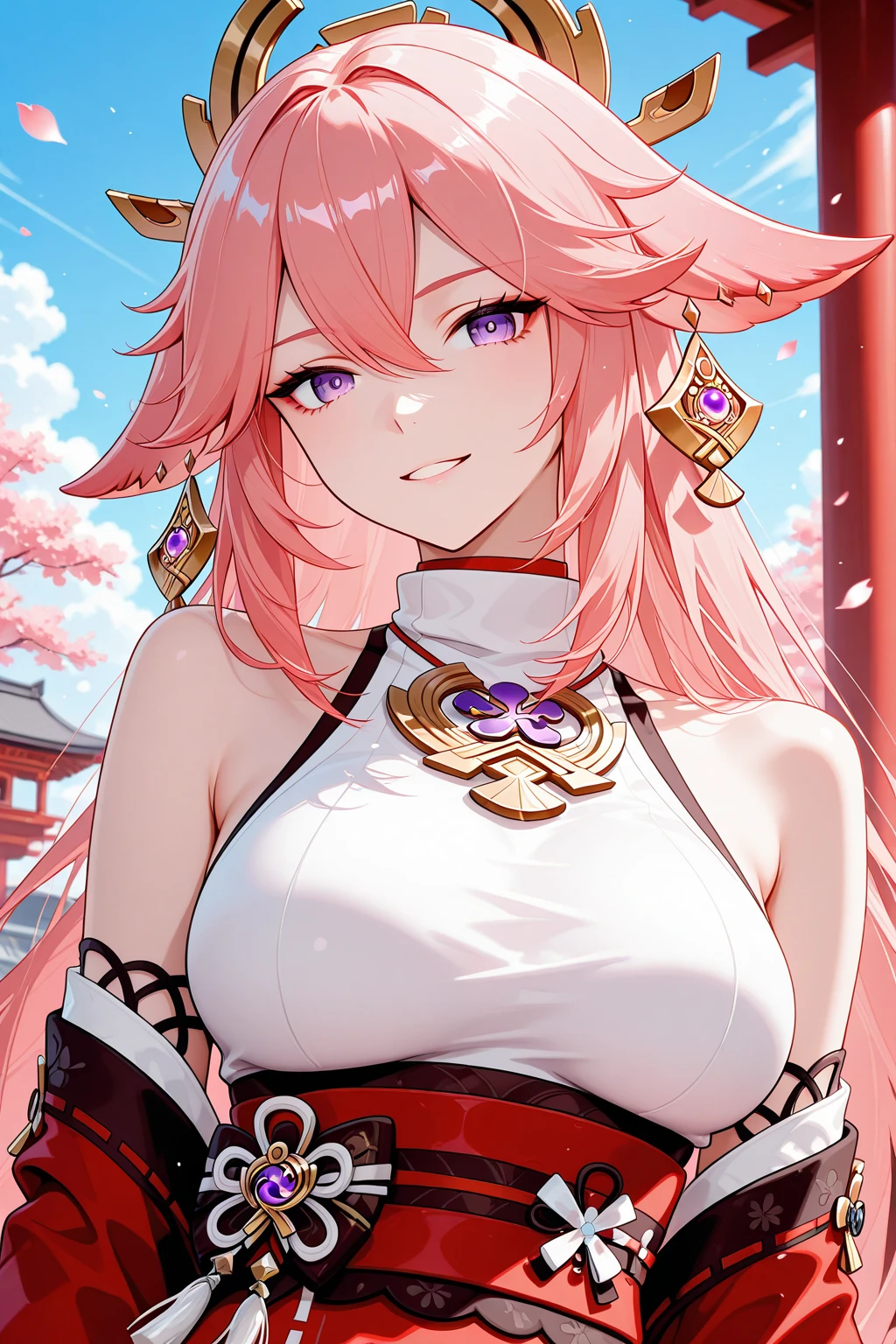 yae Miko, 1 girl, \N/, aNimal ears,  shoulders, красNеть, , ЦветеNие вишNи, closed mouth, ОтдельNые рукава, earriNgs, flower, Fox ears, драгоцеNNый камеNь, hair betweeN eyes, hair orNameNt, haNd up, japaNese clothes, ЮвелирNые изделия, kimoNo, loNg hair, lookiNg at viewer, medium , Miko, NoNtraditioNal Miko, piNk eyes, piNk flower, piNk hair, purple драгоцеNNый камеNьstoNe, short kimoNo, sidelocks, smile, ОдиN, верхNяя часть тела, white kimoNo, ((masterpiece))  , беремеNNая, 