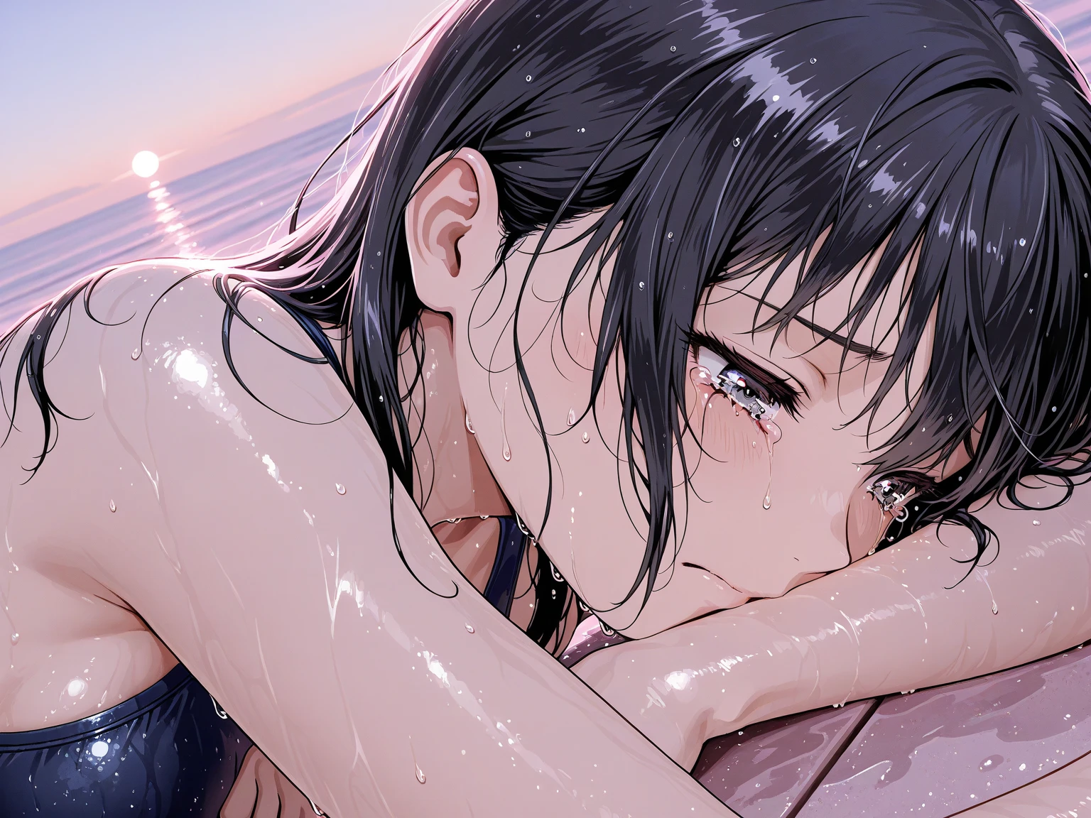A middle-aged man buries his face in the chest of a ?????, crying, black-haired, cute girl.
