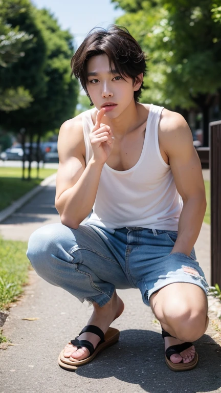 (super sharp focus), (Hairy legs), (((full body))), Japanese man, twenty years old, very short hair, Black Hair, Wearing shorts, sitting, Drawing of a muscular young man, The young man is a high school student with long bangs., Showing off her huge muscular round ass, Inspired by Cyril Rolland, Animation Art Wallpaper 4K, Sky blue and peach gradation. Seagulls are flying. Beautiful illustrations with a delicate touch.