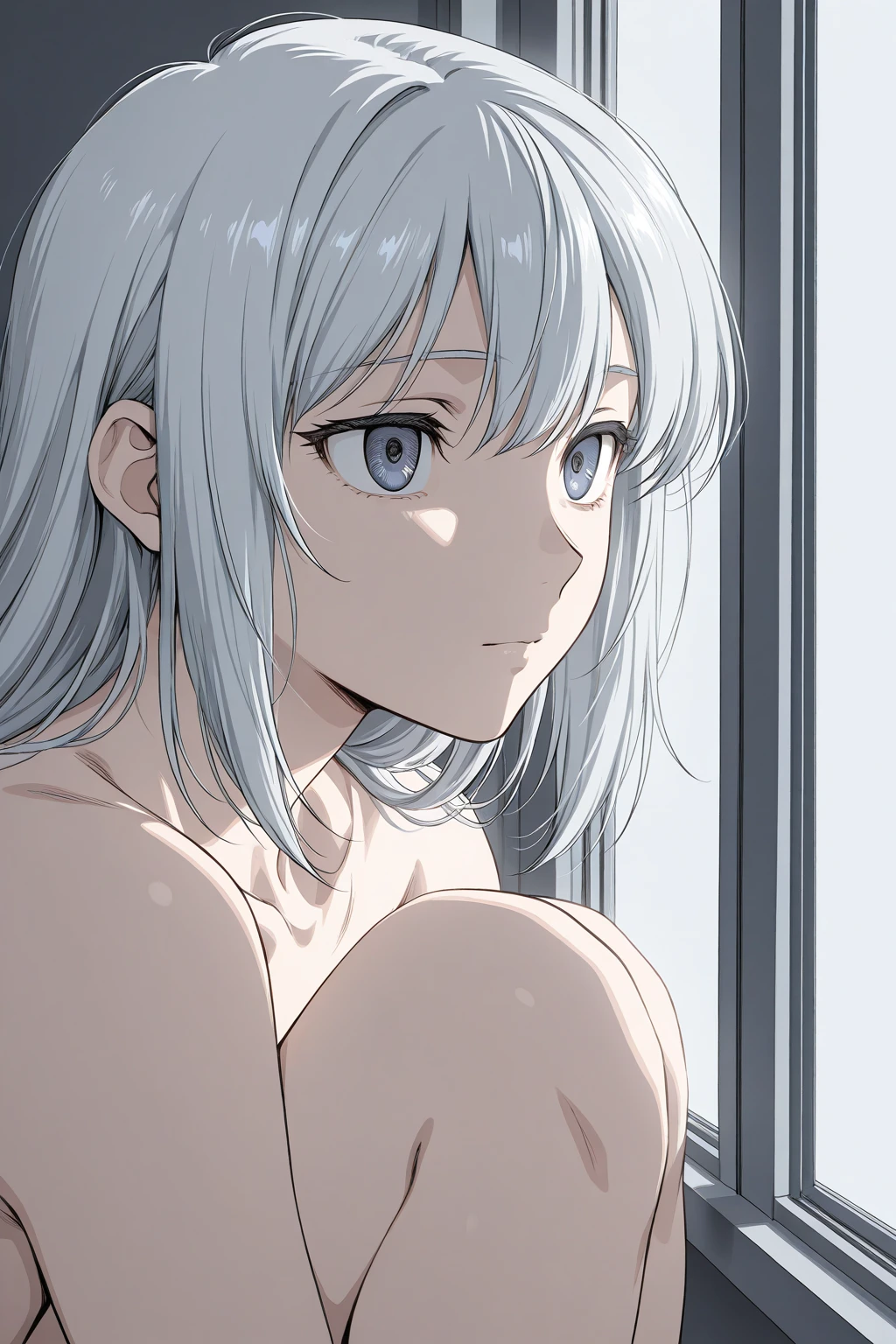 masterpiece, best quality, movie still, 1girl solo, female focus, looking at viewer, upper body, depth of field, (watercolor illustration, soft pastel colors:1.1), realistic, white hair, black eyes, naked, small breasts