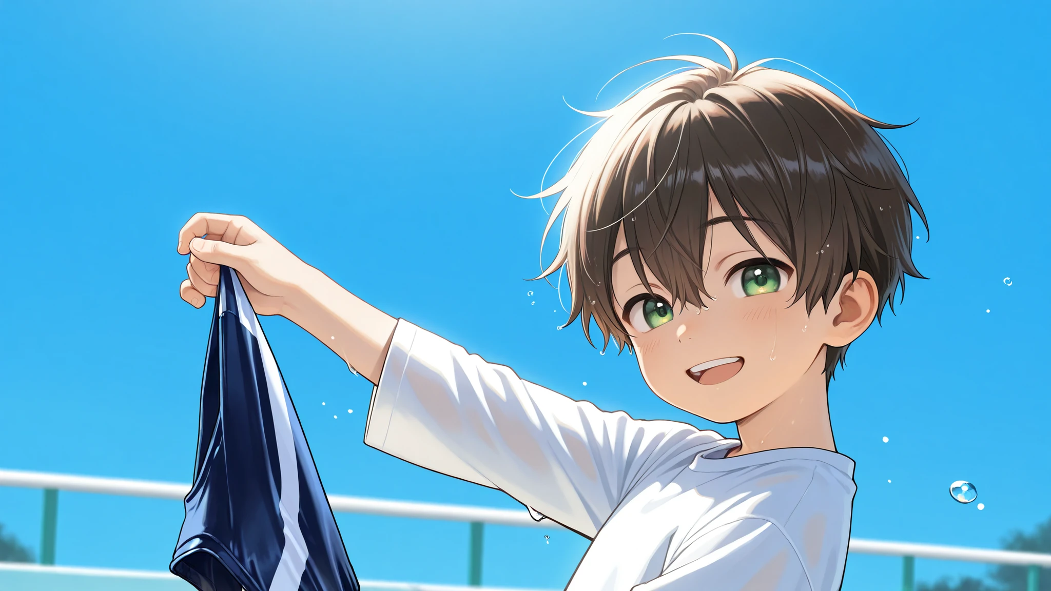 Masterpiece, best quality, 1boy, Midorikawa, simple background, water, hearts, sparkles, glitter, toothy grin, , (open white sailor top:1.2), red tie, navel, socks, sneakers, bulge, sexy boy