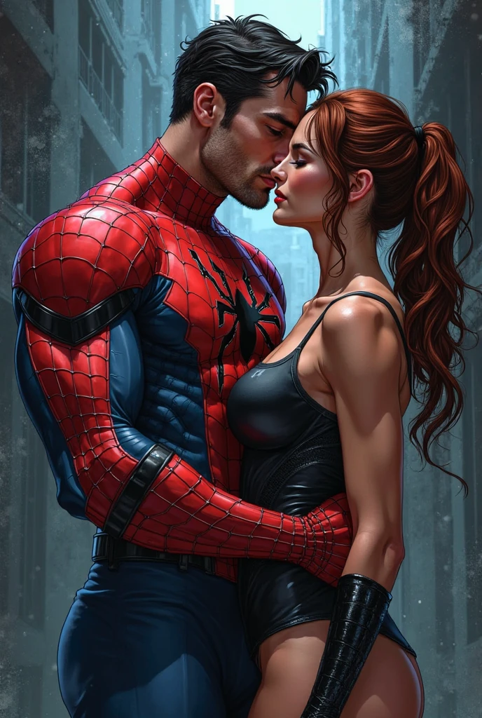 Realistic image of {Spider-Man 2099 standing, kissing Gwen Stacy, kissing her hard, Action {having sex}, smooth and smooth skin, Symmetrical face, full body, big ass, symmetry and full mouth sensualizing, human ideal, Lens 85 mm, f8, photography, ultra detail, Natural light, backlight, photo, studio lighting