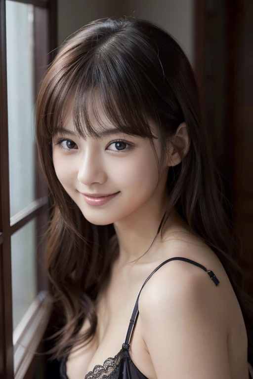 Upper Body、Beauty、Well-formed face、20-year-old、Uniform eyes、Small face、, light brown hair, hair over shoulder, parted bangs, straight hair, expressive hair, shiny hair, earrings, seductive smile, Surrealism, cinematic lighting, first-person view, pov, f/1.2, Nikon, UHD, textured skin, best quality, highres, 8k