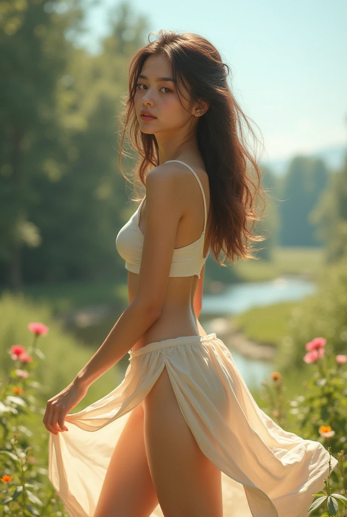 (highest quality, High resolution, masterpiece :1.3), (Shooting from the rear side), Beautiful girl, Orange sunset sky,running in the grassland,Short Bob, Blushing,Dynamic Movement.Large firm breasts,No makeup,((Transparent and shining costume with pleated skirt))
