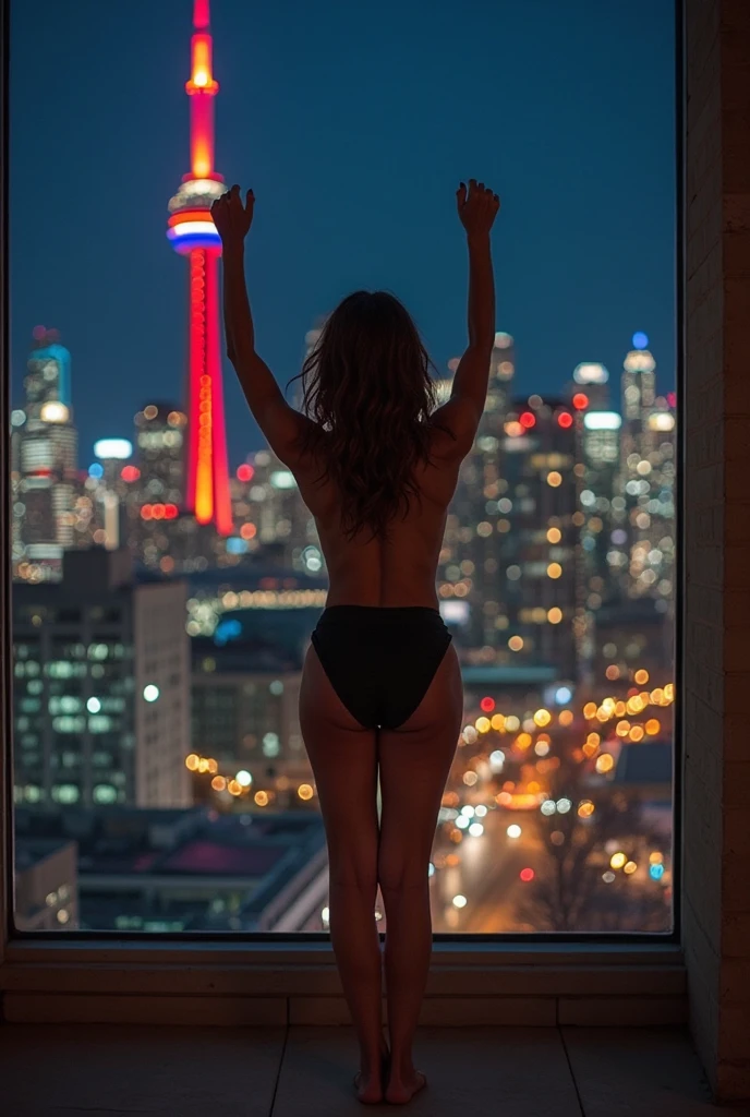 1womanl.background is Cityscape.(Glass wall)..from behind.naked.Anatomically correct.sexual pose..From above.5FINGERS..Open hands.(Putting her hands on a  front glass wall).