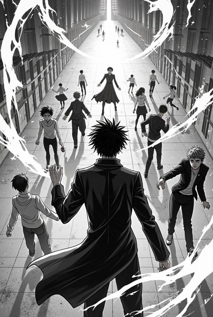 A black and white painting，Depicts a group of people walking towards a tall tower, towering giant made of zombies, in berserk comics, Junji&#39;s work, Erpingnu Art, berserk comics, Shunji&#39;s background, hyper detailed manga drawing, Katsuhiro Otomo and Junji Ito, This Junji art, author：Akihiko Araki