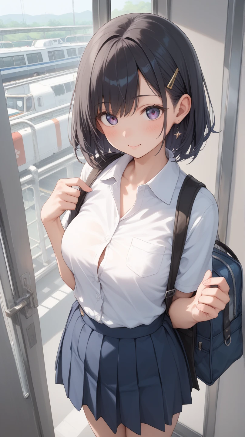 ((top-quality、8K、masterpiece:1.3))、女の子1人、2 arms、accurate and beautiful hands、a train with many people on it、Slender Abs、hyperdetailed face、A detailed eye、二重まぶた、very Bigger breasts、large full breasts、Colossal tits、Neat and clean schoolgirl、short-hair、Straight bob hair、Shorthair with bangs、A smile、Schoolgirl Uniform、Low male genitals visible through the skirt、An 18-year-old woman、Sheer white shirt、Unbutton and unfold the shirt、Exposing breasts、Navy blue ribbon at the collar、Dark Blue Pleated Micro Mini Skirt、Student bag slung over shoulder、Peek at the viewer、Beautiful graphics and sunny station platform、There are a lot of people、Show me your whole body、From head to toe、beautiful daruma pictures、 Standing、No bra、teats see through、You can see the shape of your nipples even through your shirt.......、No panties、No panties、No panties、Detailed female genitalia shape pantyhose is missing、(Facing the front)(((Blushing cheeks、embarassed expression)),(((Pull up the skirt with your right hand)))、Showing female genitalia、、Background depth of field、On the train、(Man Standing Behind)(A man grabs my chest from behind)、Please choose one'skirt in the crowd、Found in many men、Eyes are hearts、trembling with excitement、White breath、Panties on the thighs