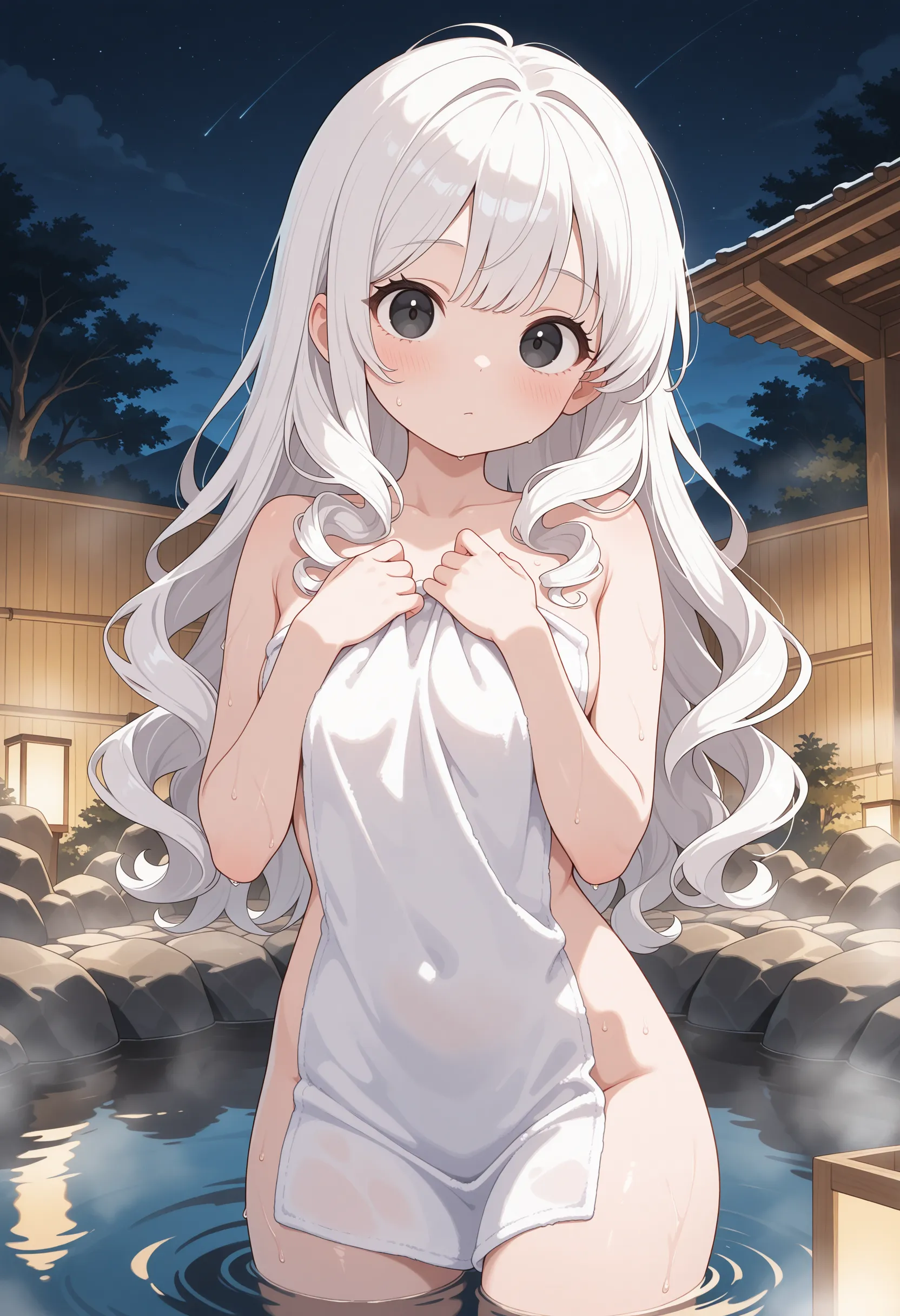 1 female,The perfect 25 years old,((ideal ratio body proportions:1.5,small head:1.7)),(tan skin),((high quality anime, 8k,masterpiece,Perfect Anatomy)),nsfw,(beautiful detailed face and eyes,gorgeous eye:1.3,Almond Eyes),  BREAK   ,brown eyes,  BREAK  ,female knight、(silver hair),Straight long hair,bangs,Grim expression,blush,cowboy shot,medium breasts,slender body,skinny,wet:1.4,naked,nipples,clavicle、navel、vagina,  BREAK   lying,bathing,Fantasy World、Wooden bathroom、Wooden wall、Simple mountain hut、at night、moonlight、