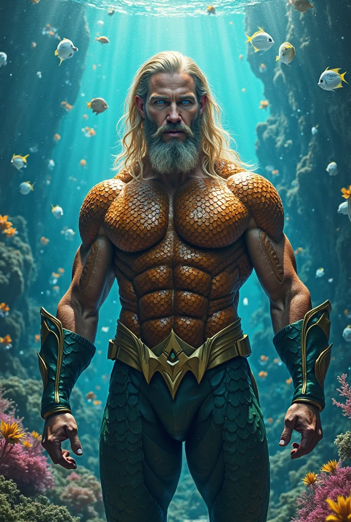 A handsome muscular man with piercing blue eyes, shiny wet skin, long flowing hair, rugged facial features, wearing a detailed golden Atlantean-style armor, standing heroically in an underwater ocean environment with schools of colorful tropical fish swimming around, dramatic lighting, cinematic composition, photorealistic, (best quality, 8k, highres, masterpiece:1.2), hyper detailed, dynamic pose, powerful, epic, cinematic, dramatic
