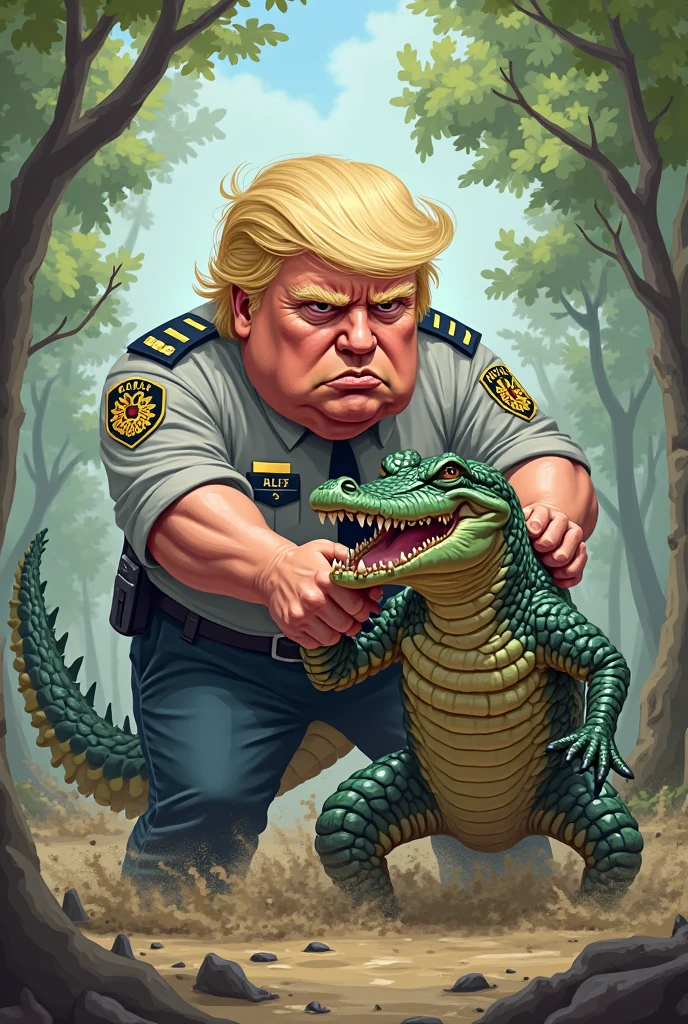 Donald Trump (bandage on one ear, happy grin, muscular, conan outfit) is fishing with a bamboo fishing rod, he is bringing in a large fish that is thrashing, forest pond