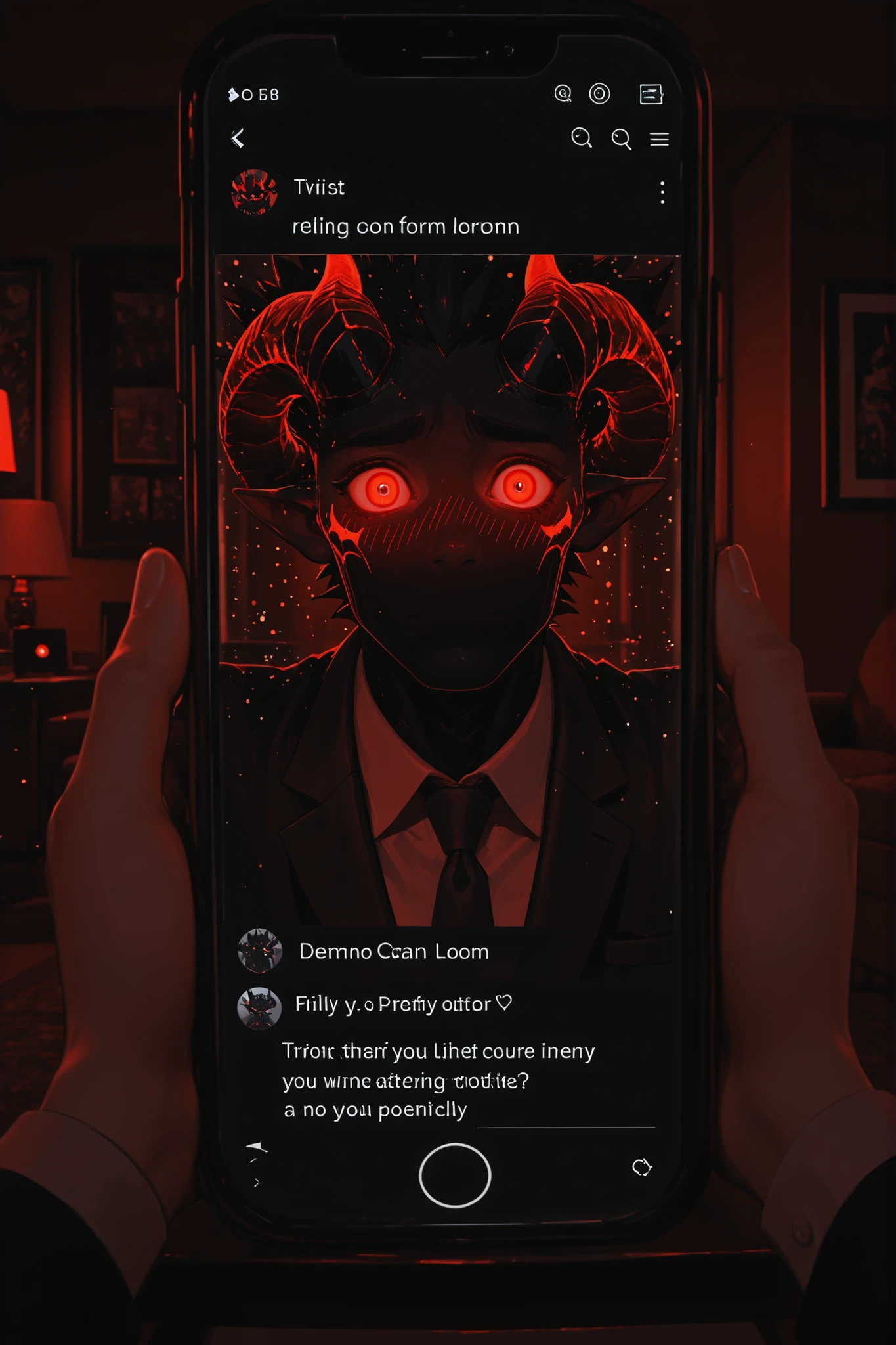 photography, finely detail, demon lord character, red eyes glowing, business casual attire, demon horns, trying to text, nervous posture, modern living room, floating magical particles, embarrassed blush, detailed phone screen reflection, atmospheric lighting