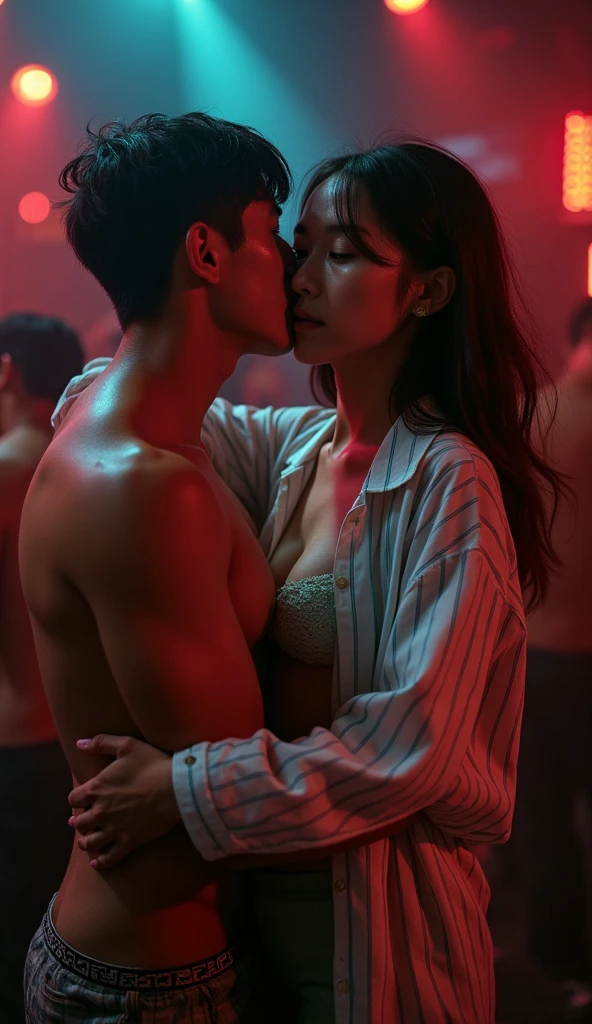 Two asian young man with tattoos are having sex in the dark bathroom. The lights is red and green neon . The first beautiful boy, wearing just a thin blouse and with his lower body exposed, is pressed against the cold bathroom wall, moaning. The second sexy man, who is completely naked, is thrusting into the first guy from behind.