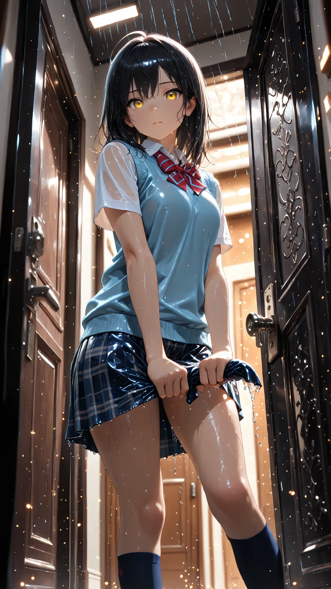 ((Beautiful Japanese Girls:1.3)) ((School uniform:1.4)) , Sailor suit, ((high school)),((Dark blue skirt:1.3)) ((In the classroom:1.3)) ((thin_fabric:1.4)) ((Random sexy poses:1.3)) ((Sweaty:1.5))((Blushing:1.4)) ((Big Breasts:1.6)) ((close:1.2)) Highest quality,masterpiece,Ultra-high resolution,(Realistic:1.4),RAW Photos,(Real skin texture:1.3),(Film Grain:1.3),Panorama,Character Portrait,Very wide shot,Tight waist,Cowboy Shot,(In the Dark, Deep Shadow, Modest, Cold Light,) night,(()),Tears flow,,Dust,Tyndall effect,(Performance),One girl,Beautiful and detailed eyes and face,White Jabot,Brown eyes,((Brown Hair:1.2)) ((whole body:1.3)) ,smile, Showing nipples, ((Wet shirt:1.3)), ((Back view:1.3)), ((Turn your butt towards the viewer:1.3)), ((Wet Panties:1.3)), ((Angle from below:1.3))