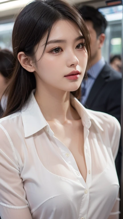 ((best quality, 8k, masterpiece :1.3)), Clear focus :1.2, Beautiful woman with perfect body :1.4, Slim abdominal muscles :1.2, ((Dark brown hair, Large Breasts :1.2)), (White buttoned long shirt :1.1), City Streets:1.2, Highly detailed face and skin texture, Delicate eyes, double eyelids